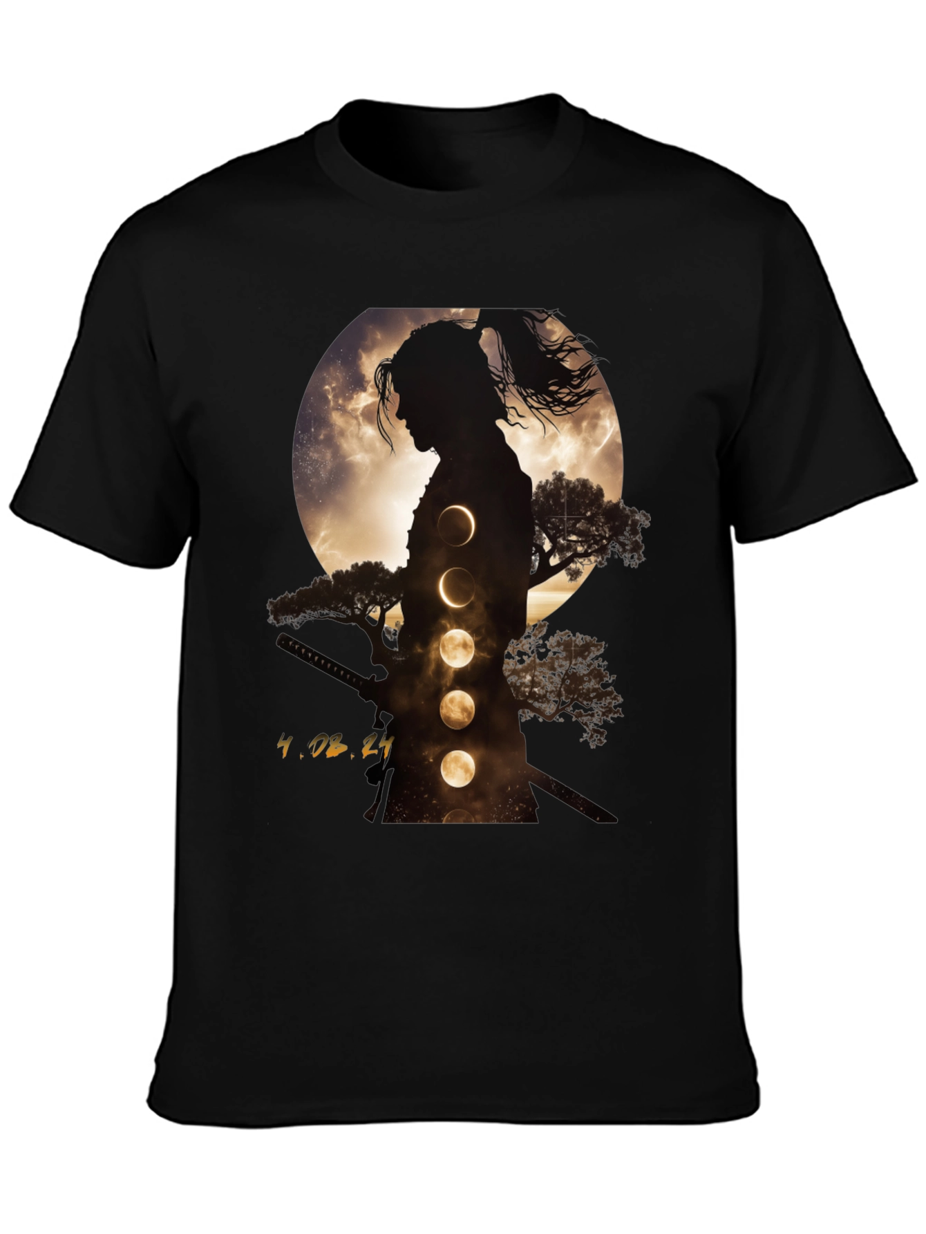 Samurai Moon Phase Graphic Tee - Stylish Black T-Shirt