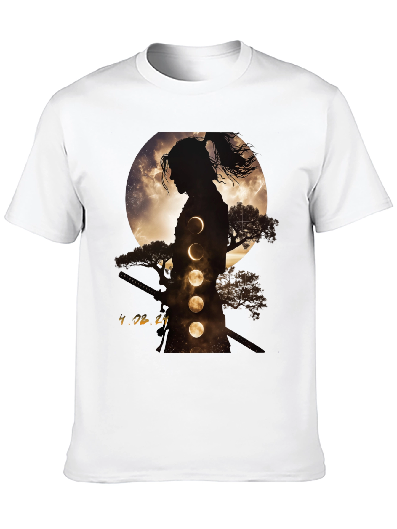 Samurai Moon Phase Graphic Tee - Stylish Black T-Shirt