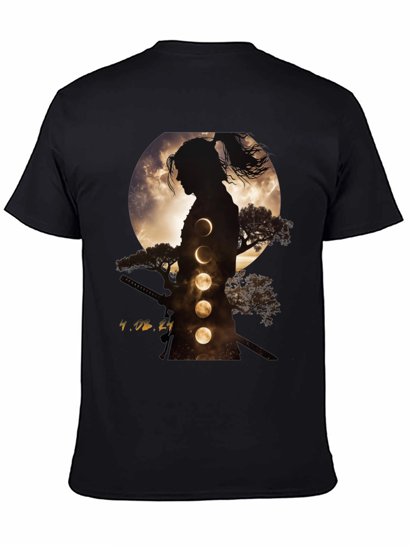 Samurai Moon Phase Graphic Tee - Stylish Black T-Shirt