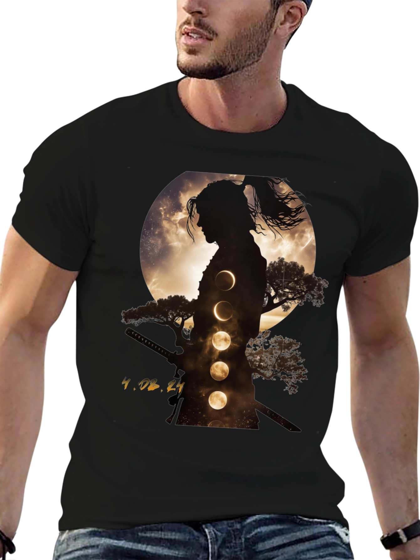 Samurai Moon Phase Graphic Tee - Stylish Black T-Shirt