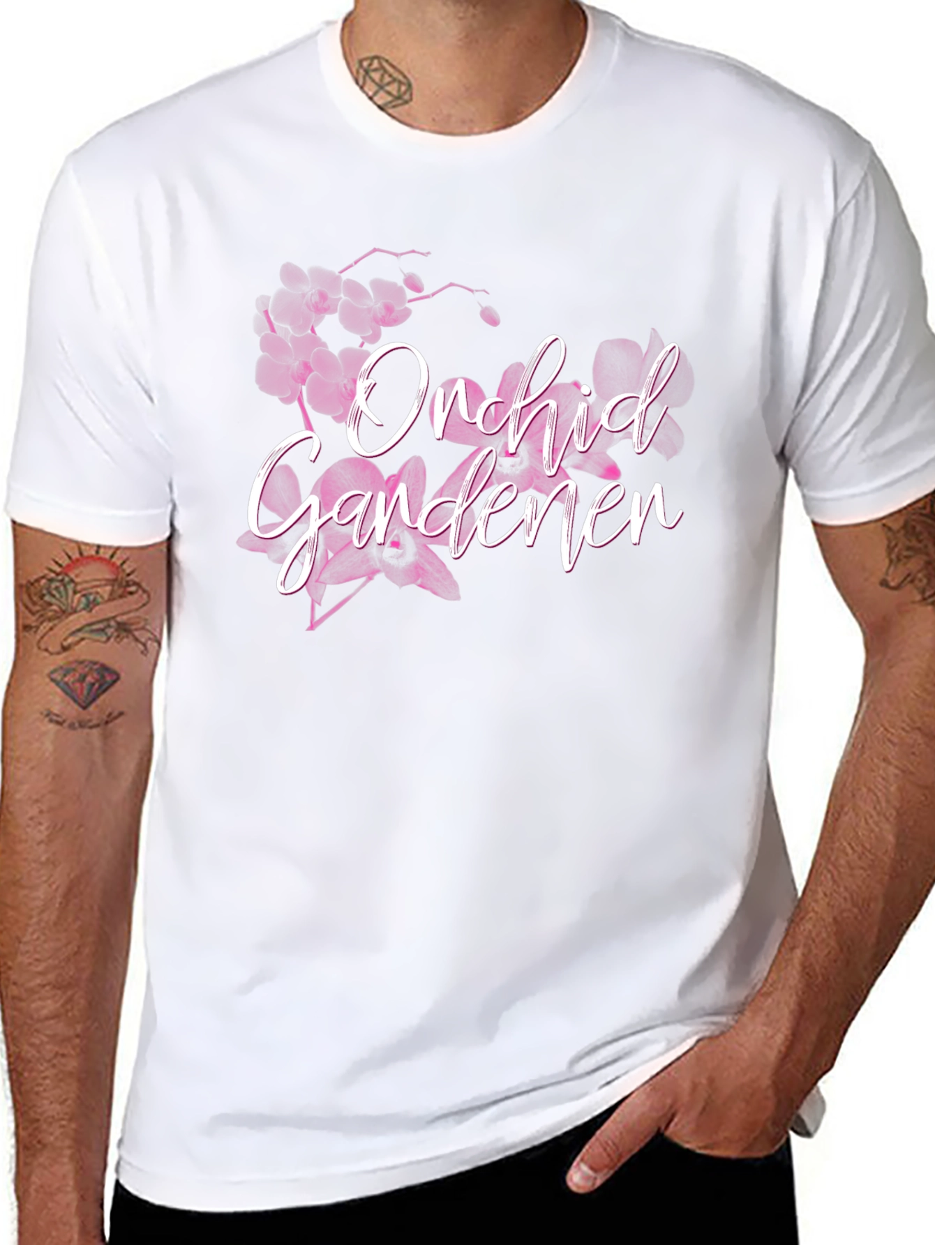 Orchid Gardener Black T-Shirt Floral Design
