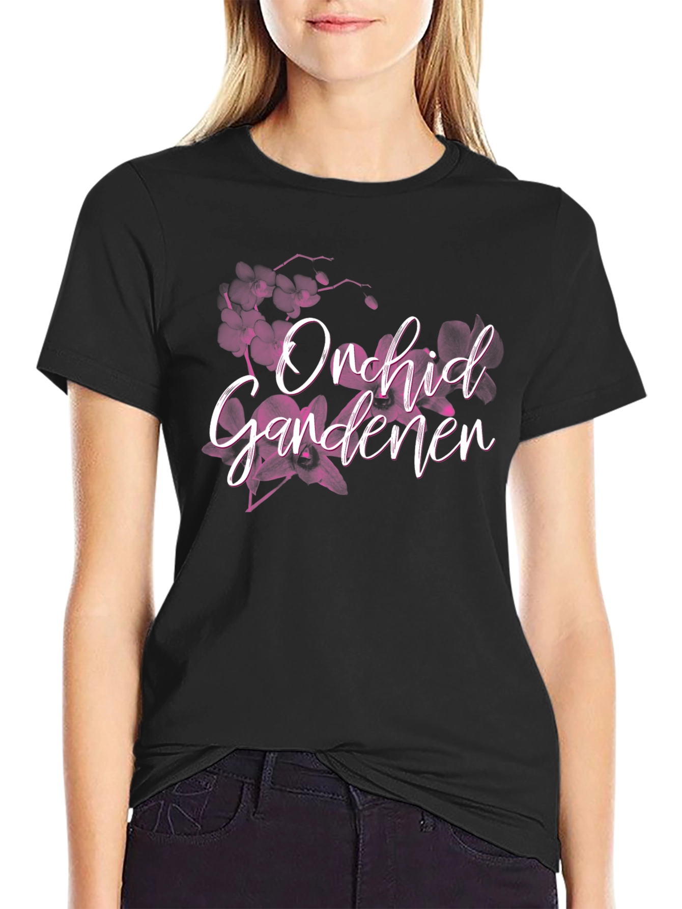 Orchid Gardener Black T-Shirt Floral Design