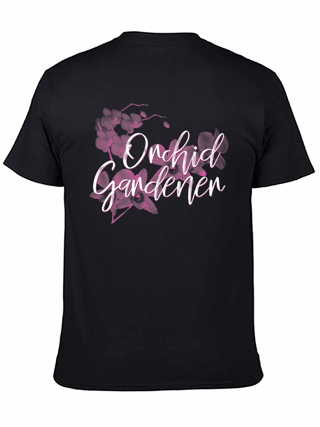 Orchid Gardener Black T-Shirt Floral Design