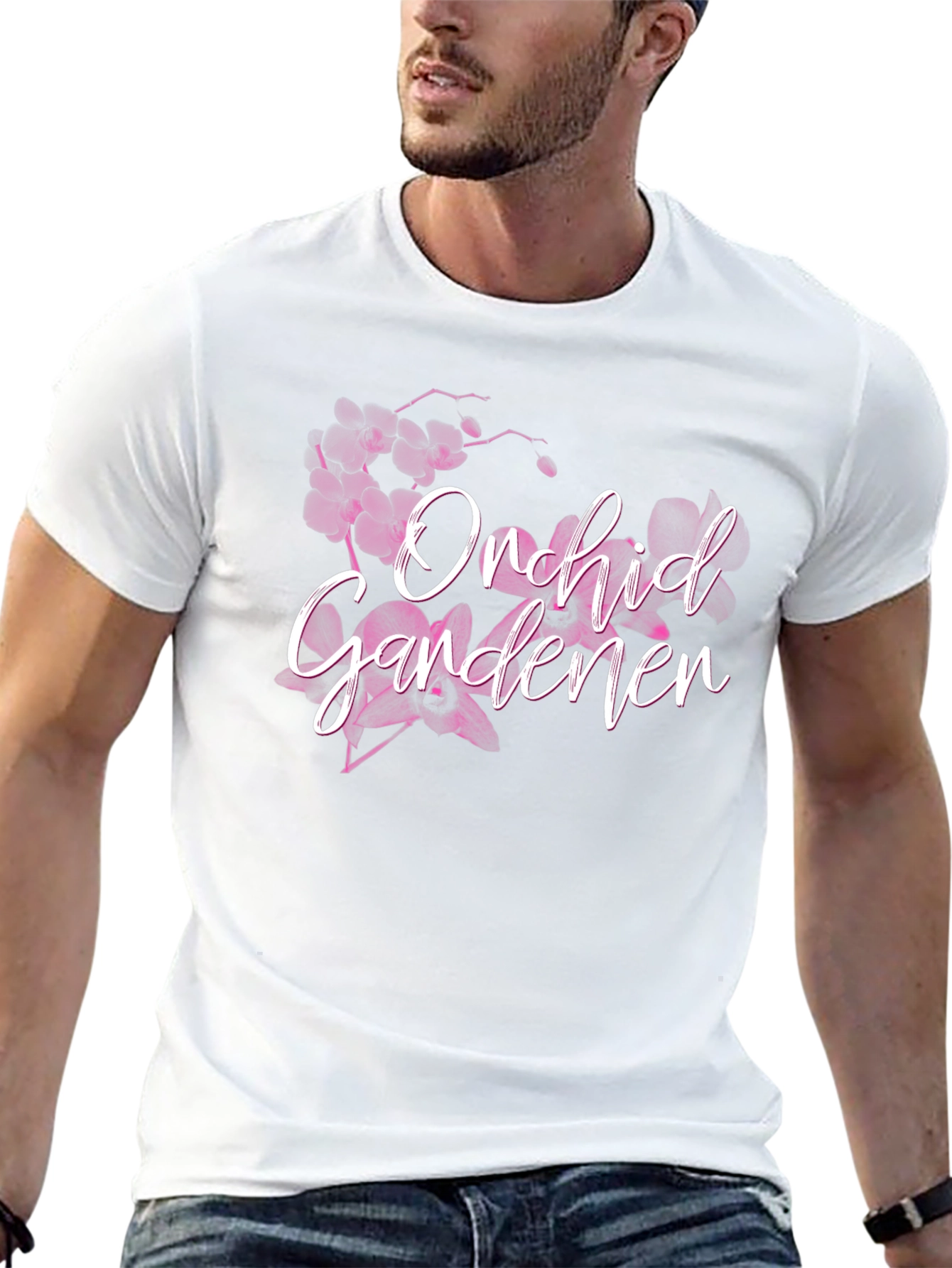 Orchid Gardener Black T-Shirt Floral Design
