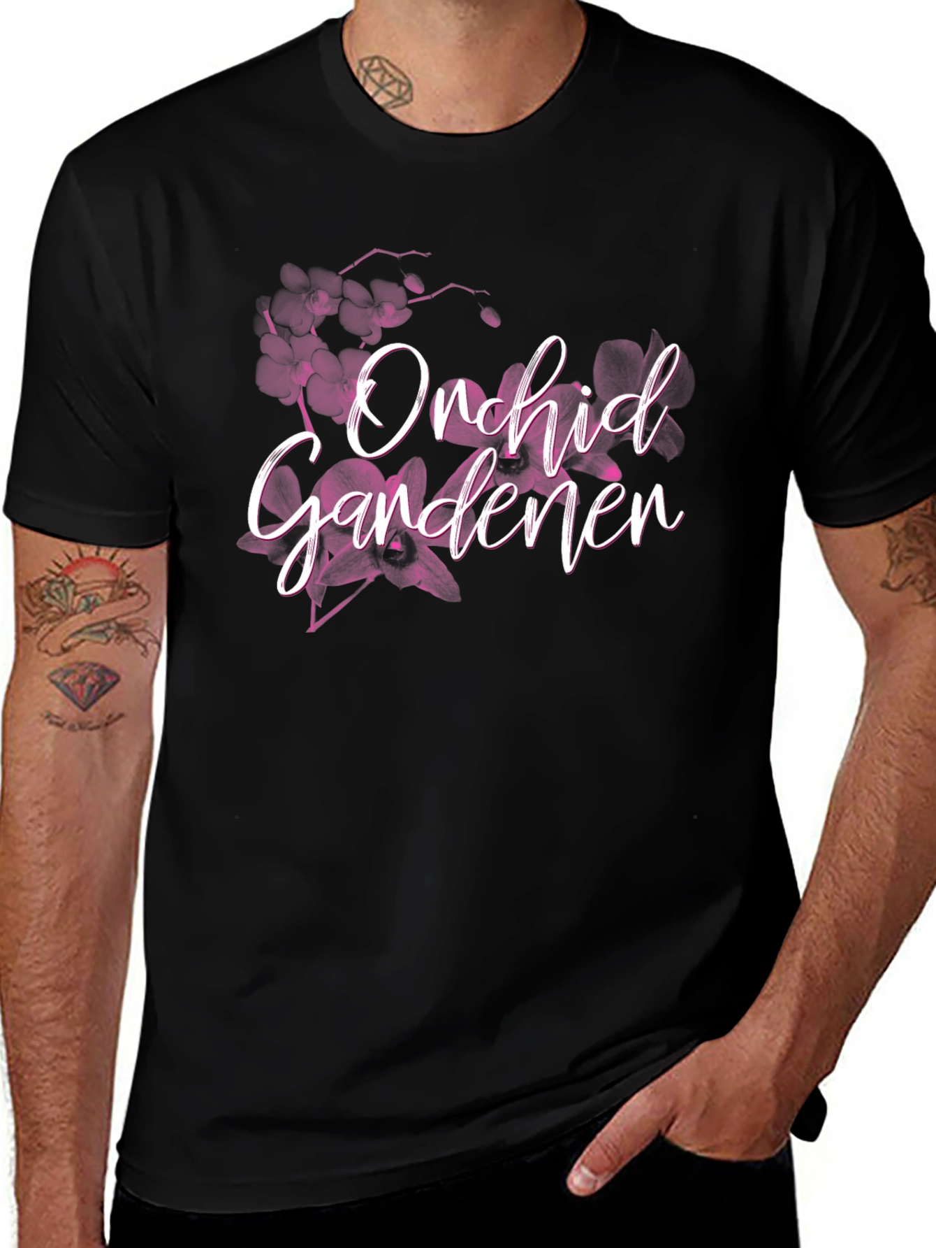 Orchid Gardener Black T-Shirt Floral Design