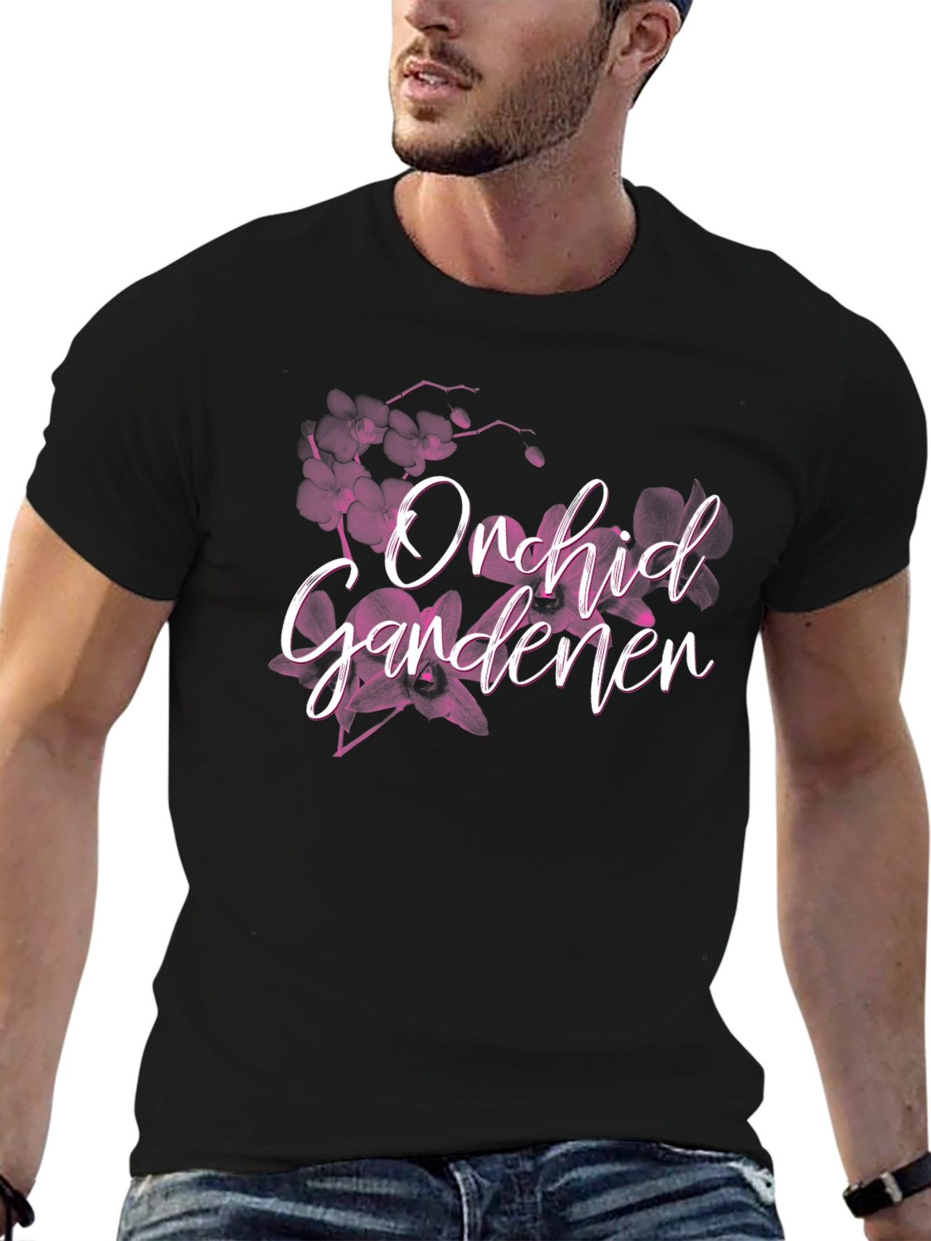 Orchid Gardener Black T-Shirt Floral Design