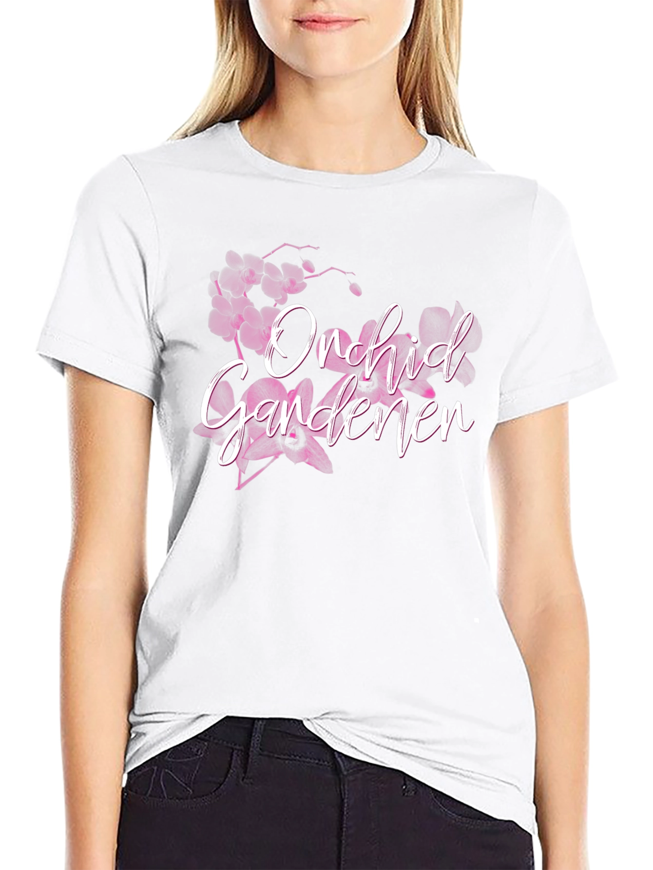 Orchid Gardener Black T-Shirt Floral Design
