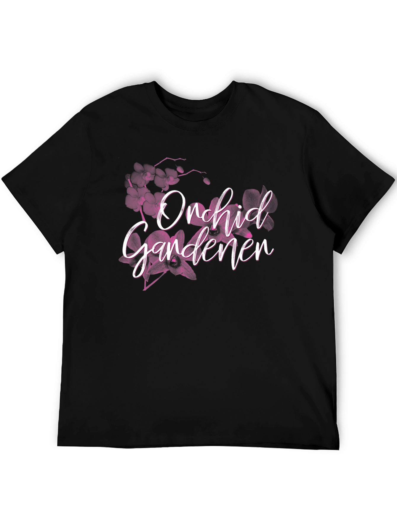 Orchid Gardener Black T-Shirt Floral Design