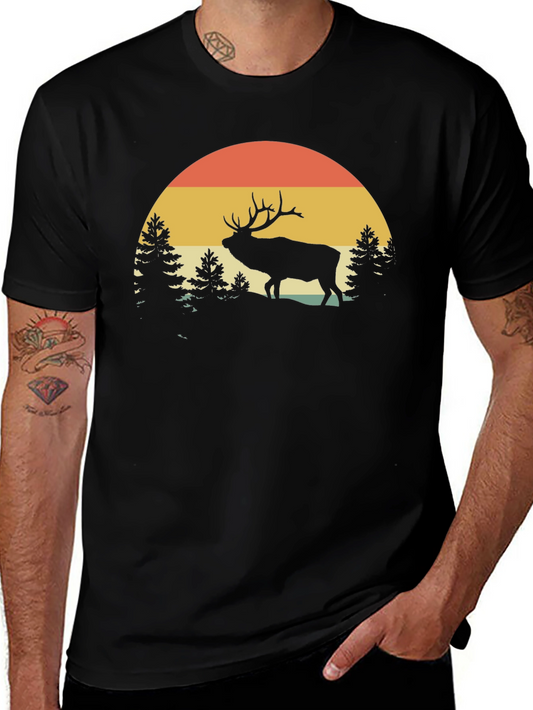 Retro Elk Sunset Graphic Tee - Black Cotton Blend T-Shirt