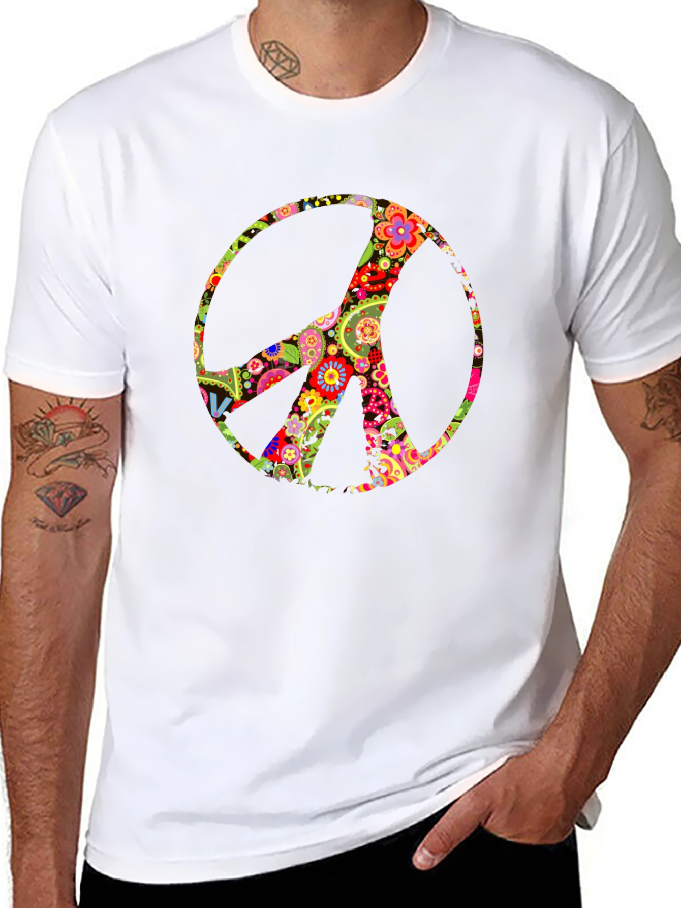 Floral Peace Sign Black T-Shirt
