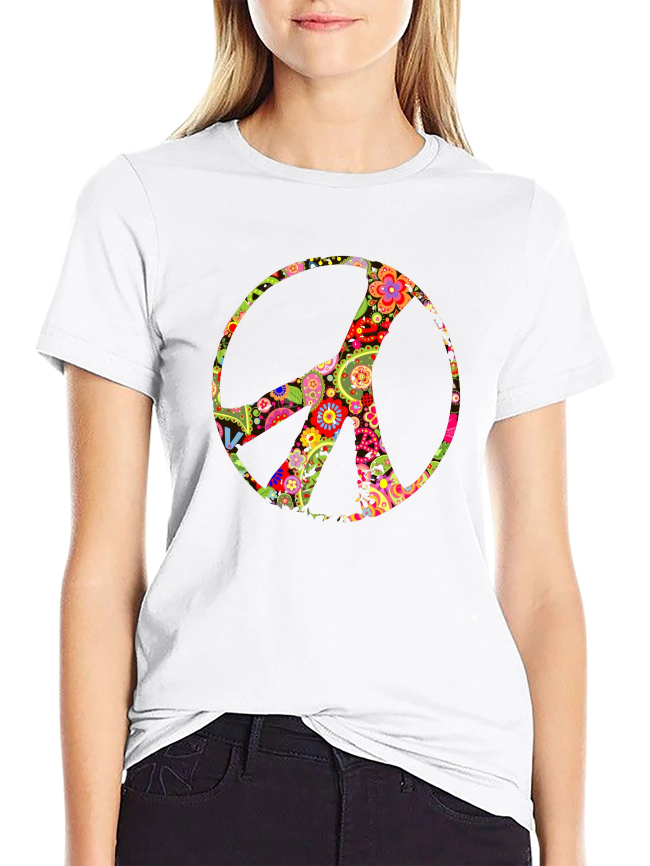 Floral Peace Sign Black T-Shirt