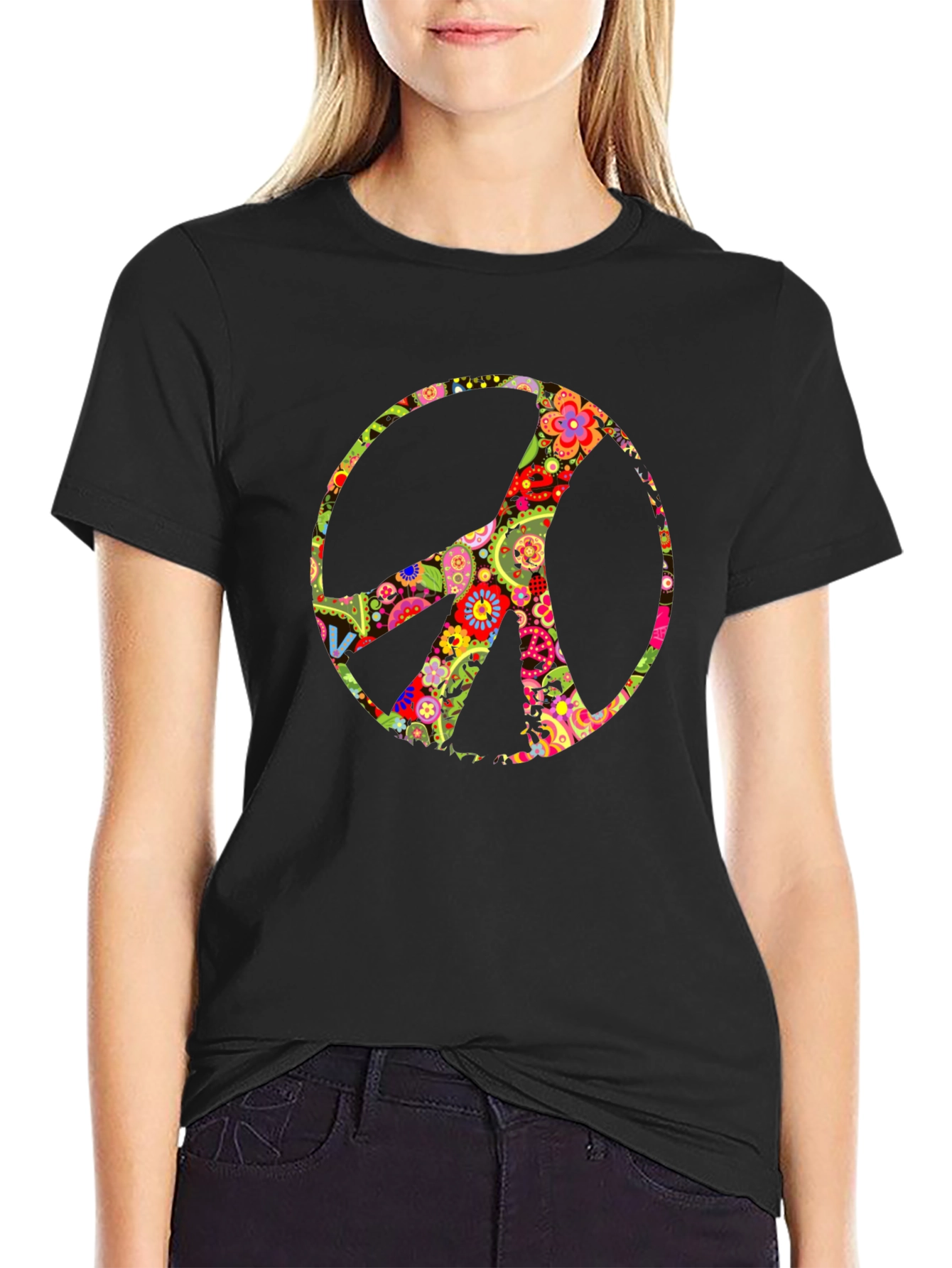 Floral Peace Sign Black T-Shirt