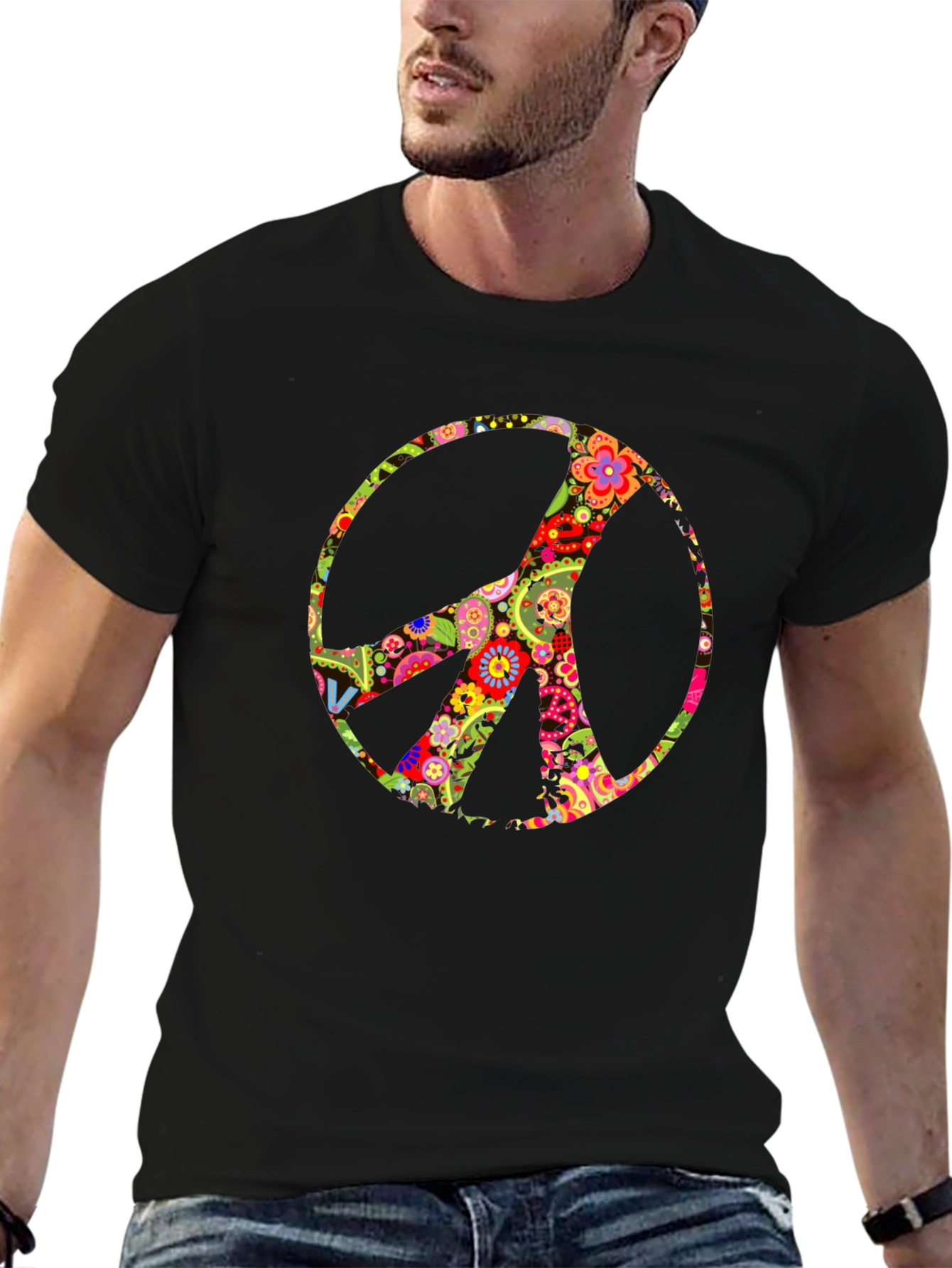 Floral Peace Sign Black T-Shirt