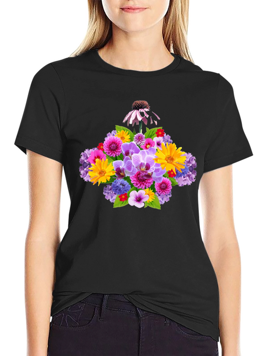 Floral Bouquet Graphic Tee - Soft Black Cotton T-Shirt