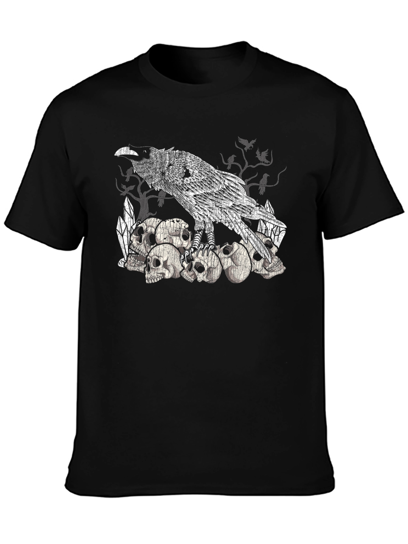 Raven Skull Pile Graphic Tee - Gothic Bird T-Shirt