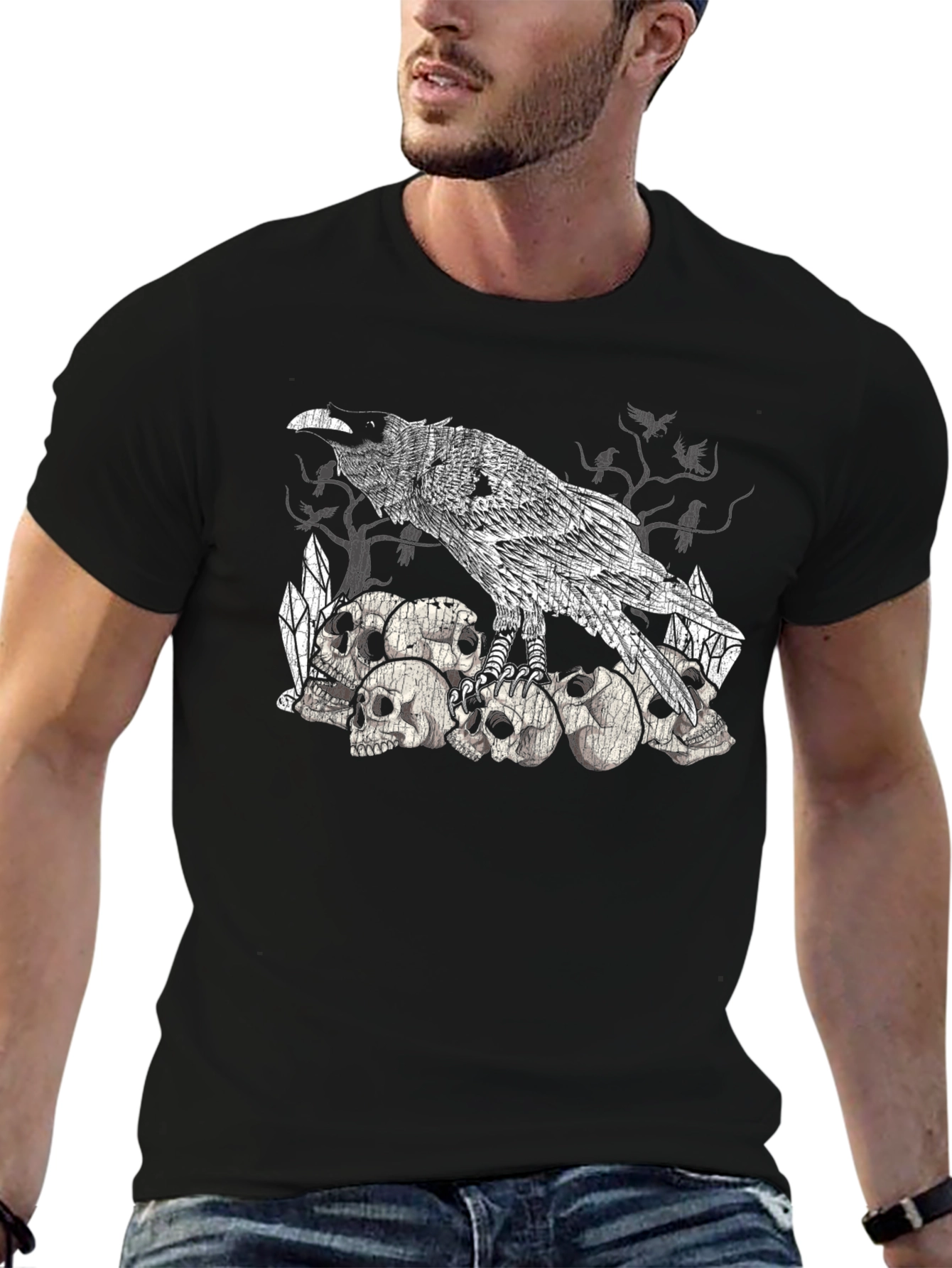 Raven Skull Pile Graphic Tee - Gothic Bird T-Shirt