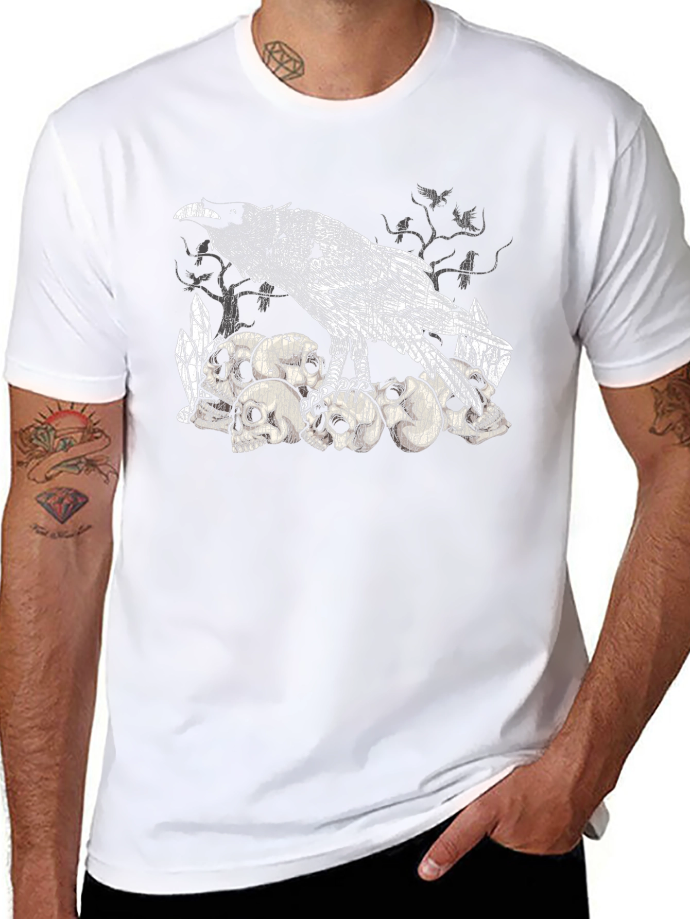 Raven Skull Pile Graphic Tee - Gothic Bird T-Shirt