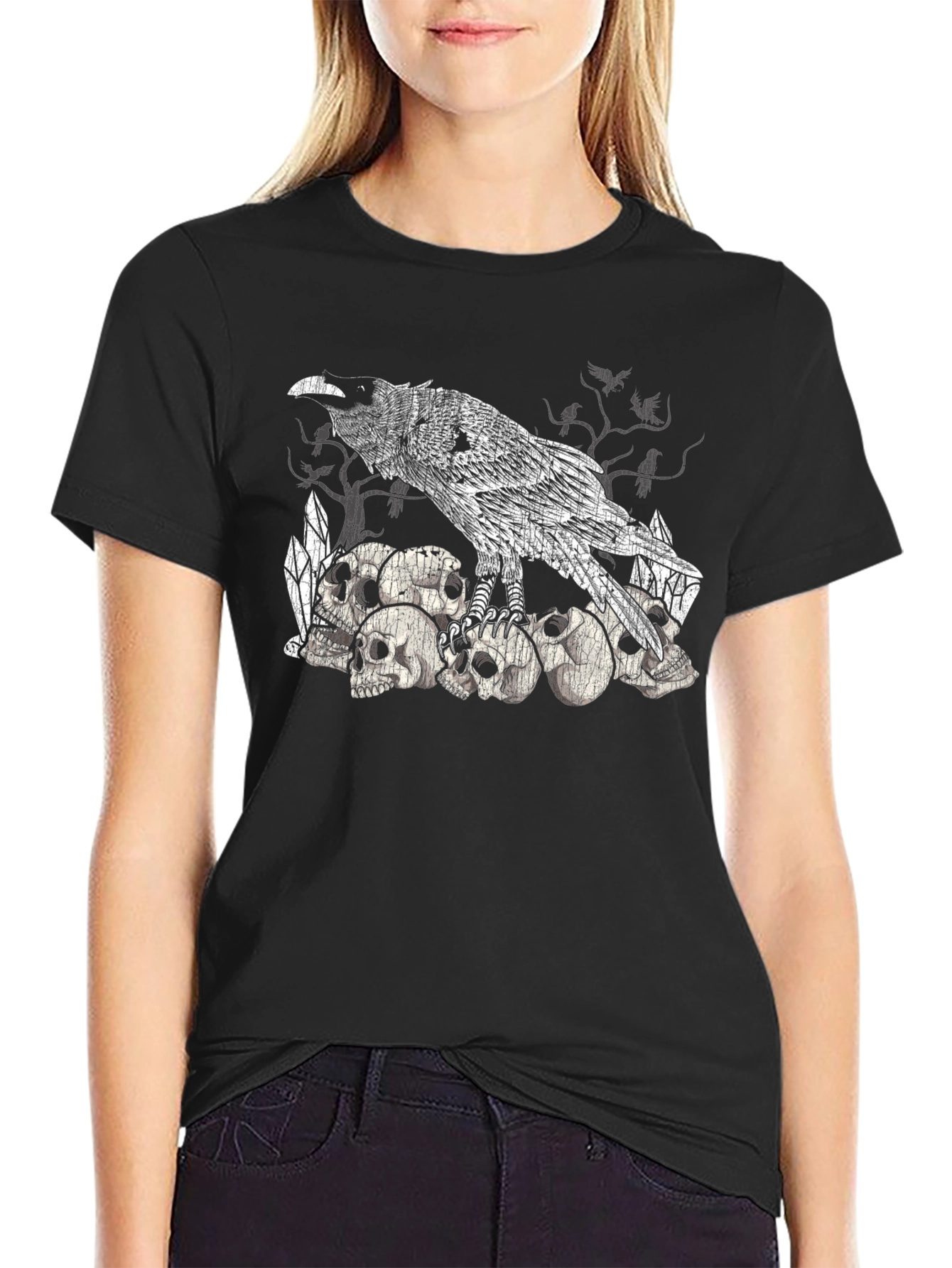 Raven Skull Pile Graphic Tee - Gothic Bird T-Shirt