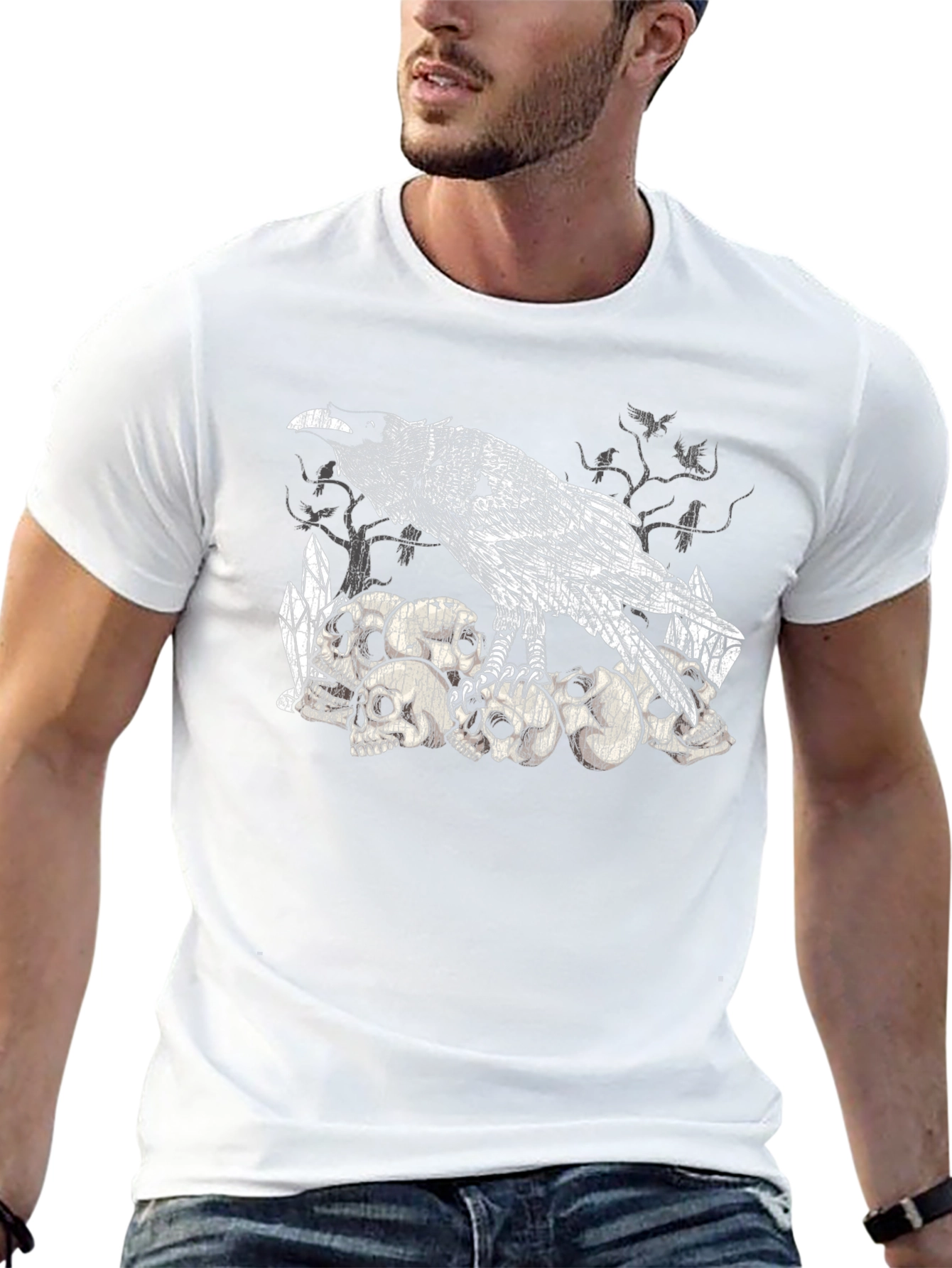Raven Skull Pile Graphic Tee - Gothic Bird T-Shirt