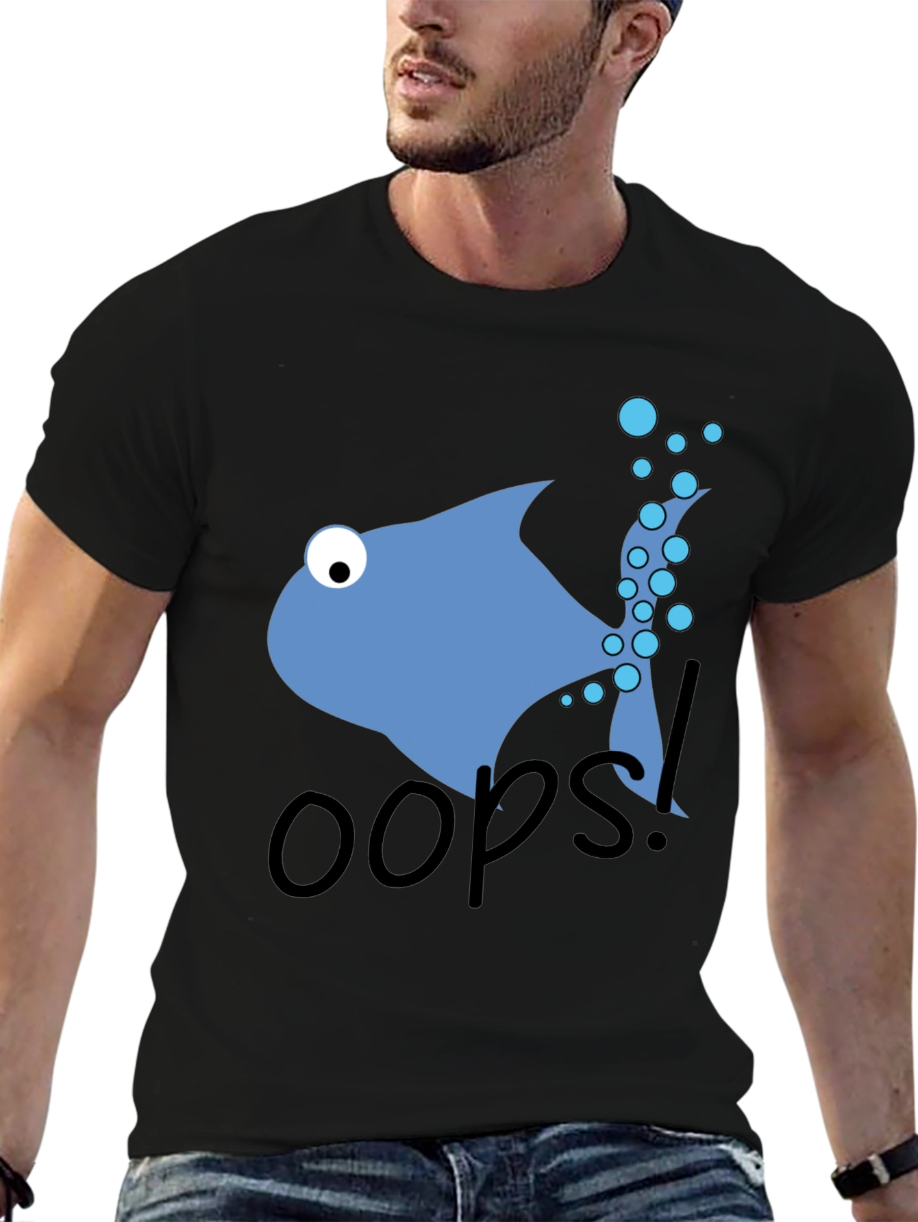 Oops Fish Graphic Tee - Casual Black T-Shirt
