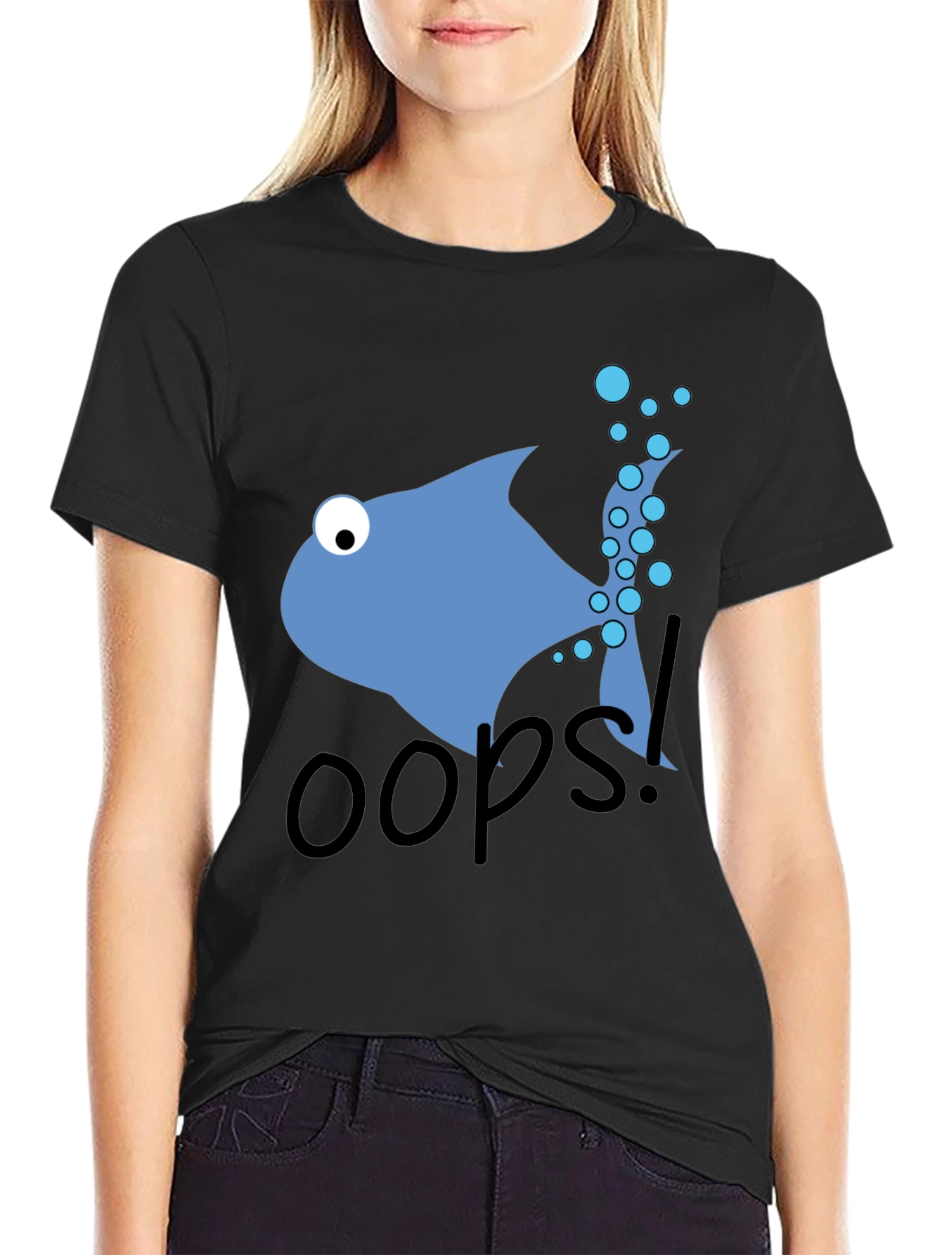 Oops Fish Graphic Tee - Casual Black T-Shirt