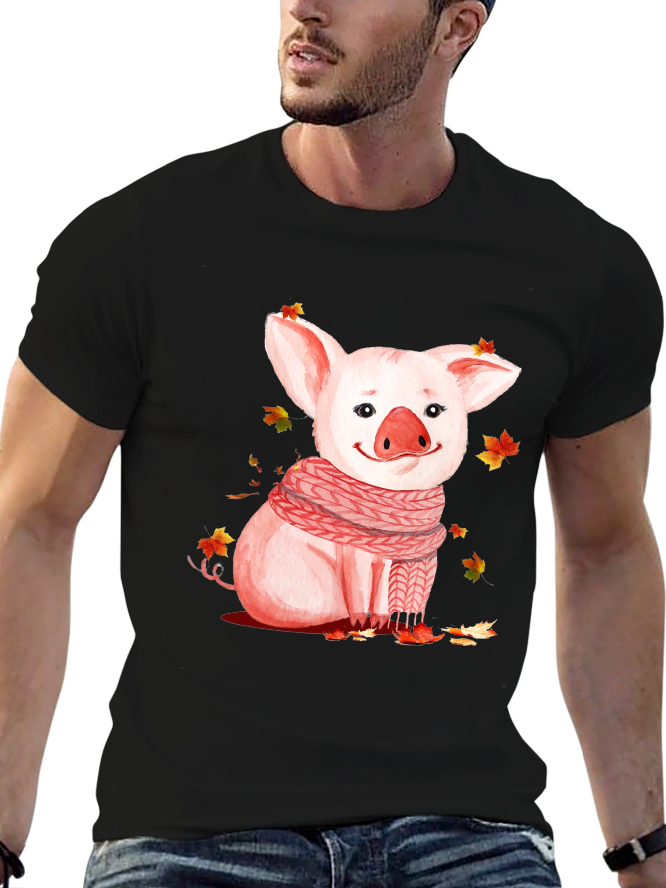 Pig with Scarf Graphic T-Shirt - Autumn Ready