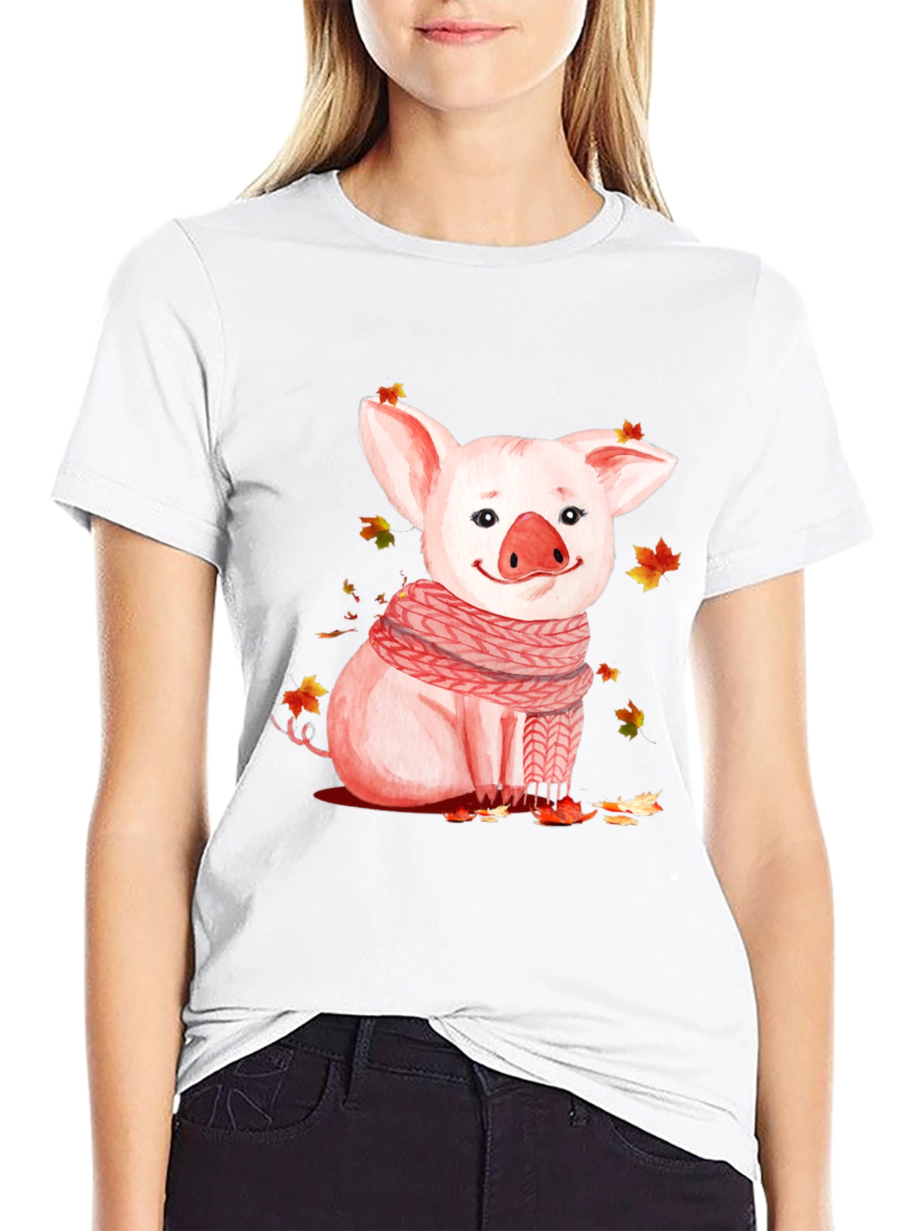 Pig with Scarf Graphic T-Shirt - Autumn Ready
