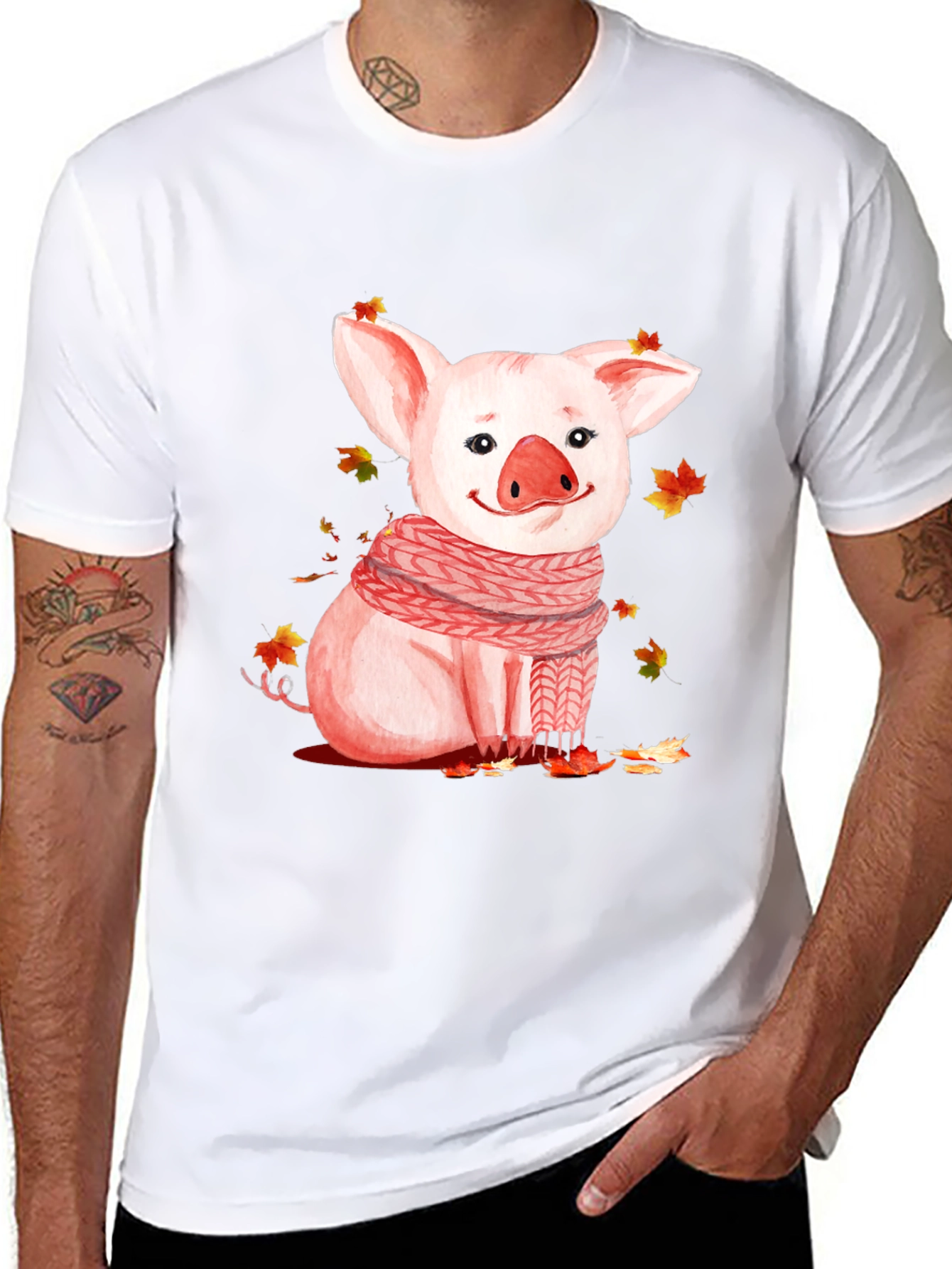 Pig with Scarf Graphic T-Shirt - Autumn Ready