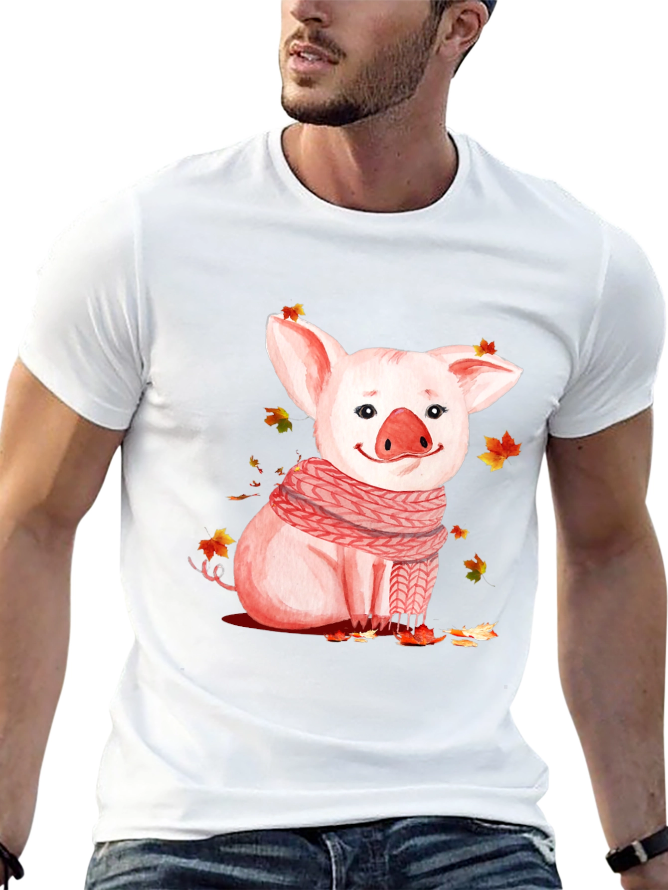Pig with Scarf Graphic T-Shirt - Autumn Ready