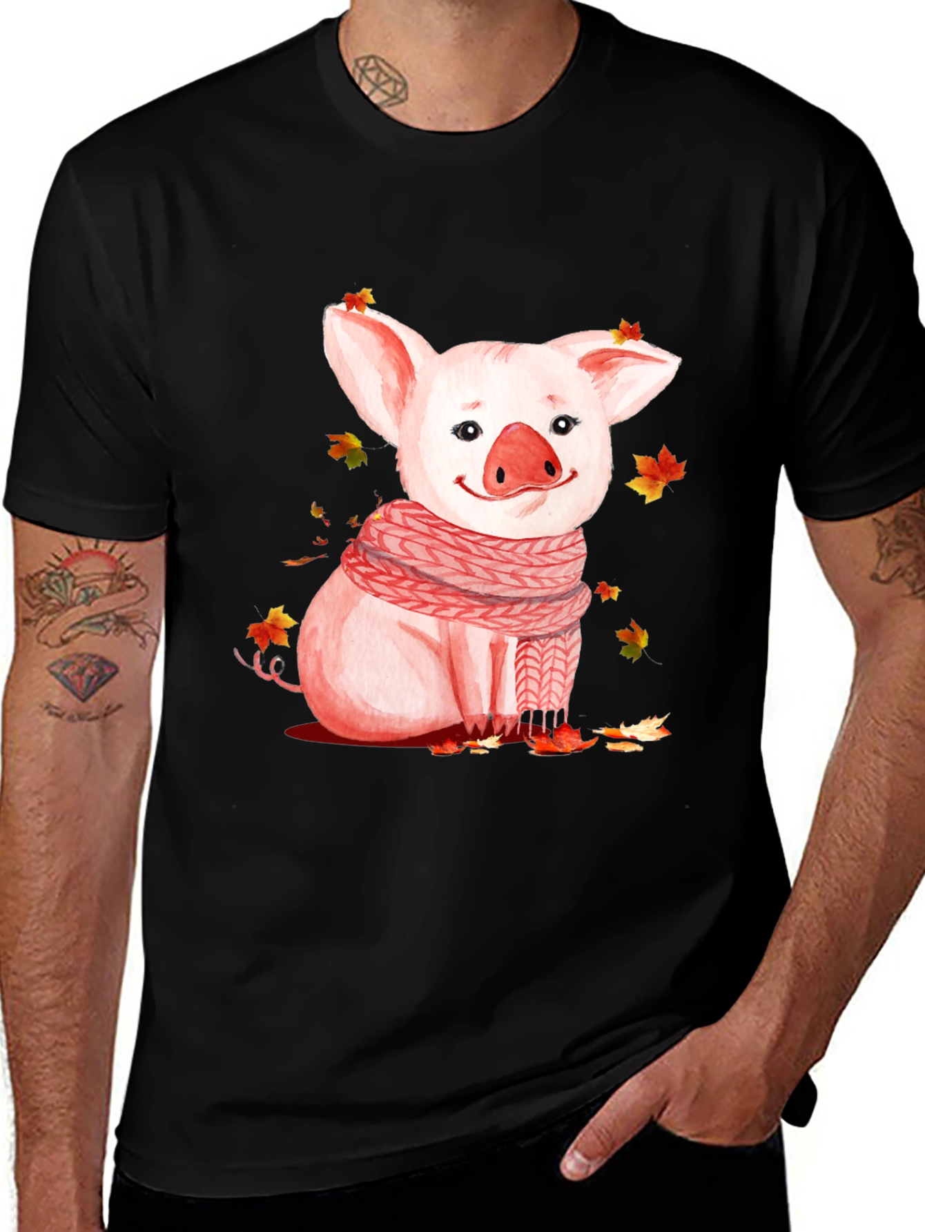 Pig with Scarf Graphic T-Shirt - Autumn Ready