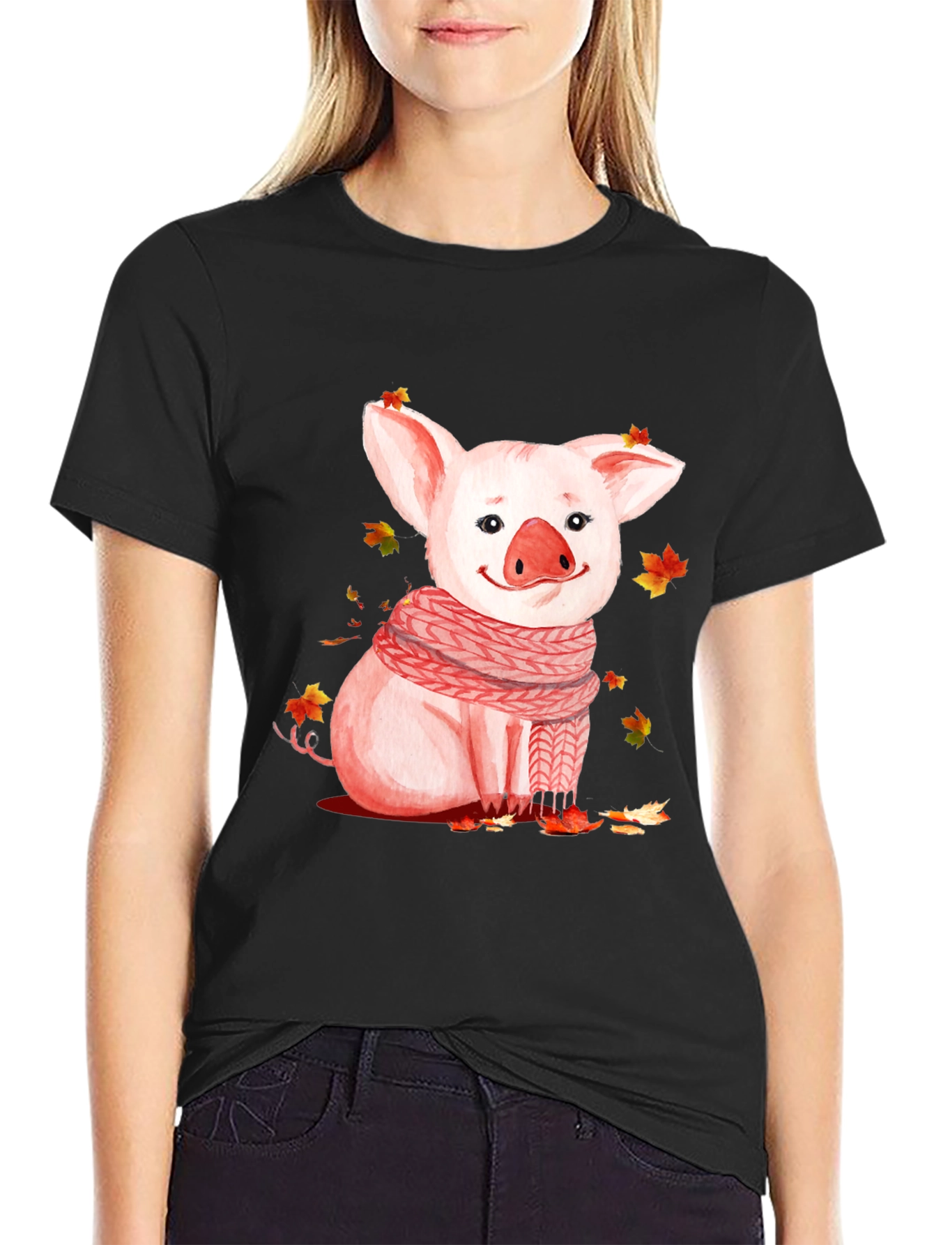 Pig with Scarf Graphic T-Shirt - Autumn Ready