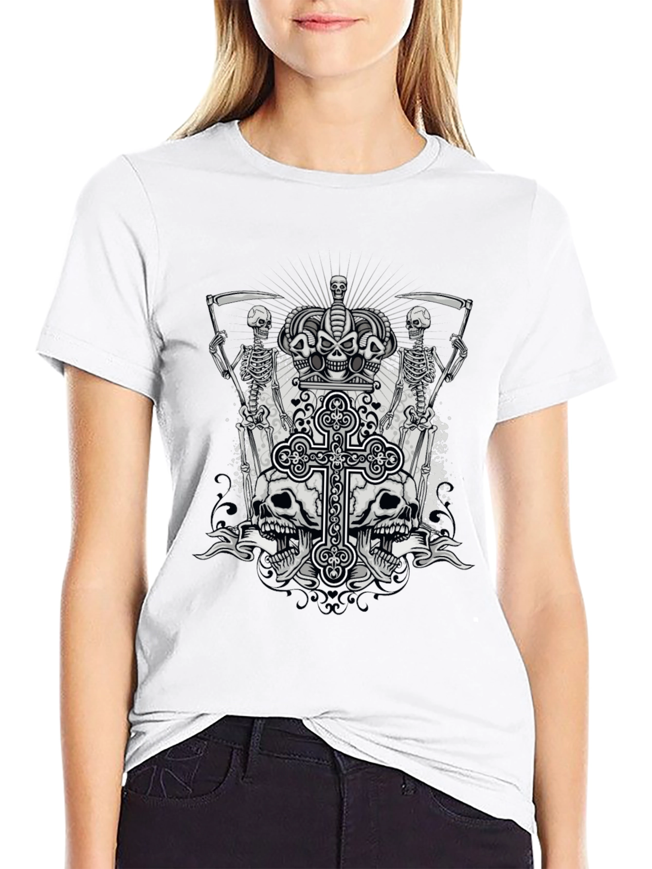 Grim Reaper & Skull Graphic Tee - Black