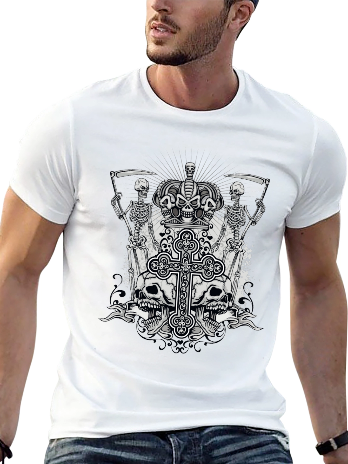 Grim Reaper & Skull Graphic Tee - Black