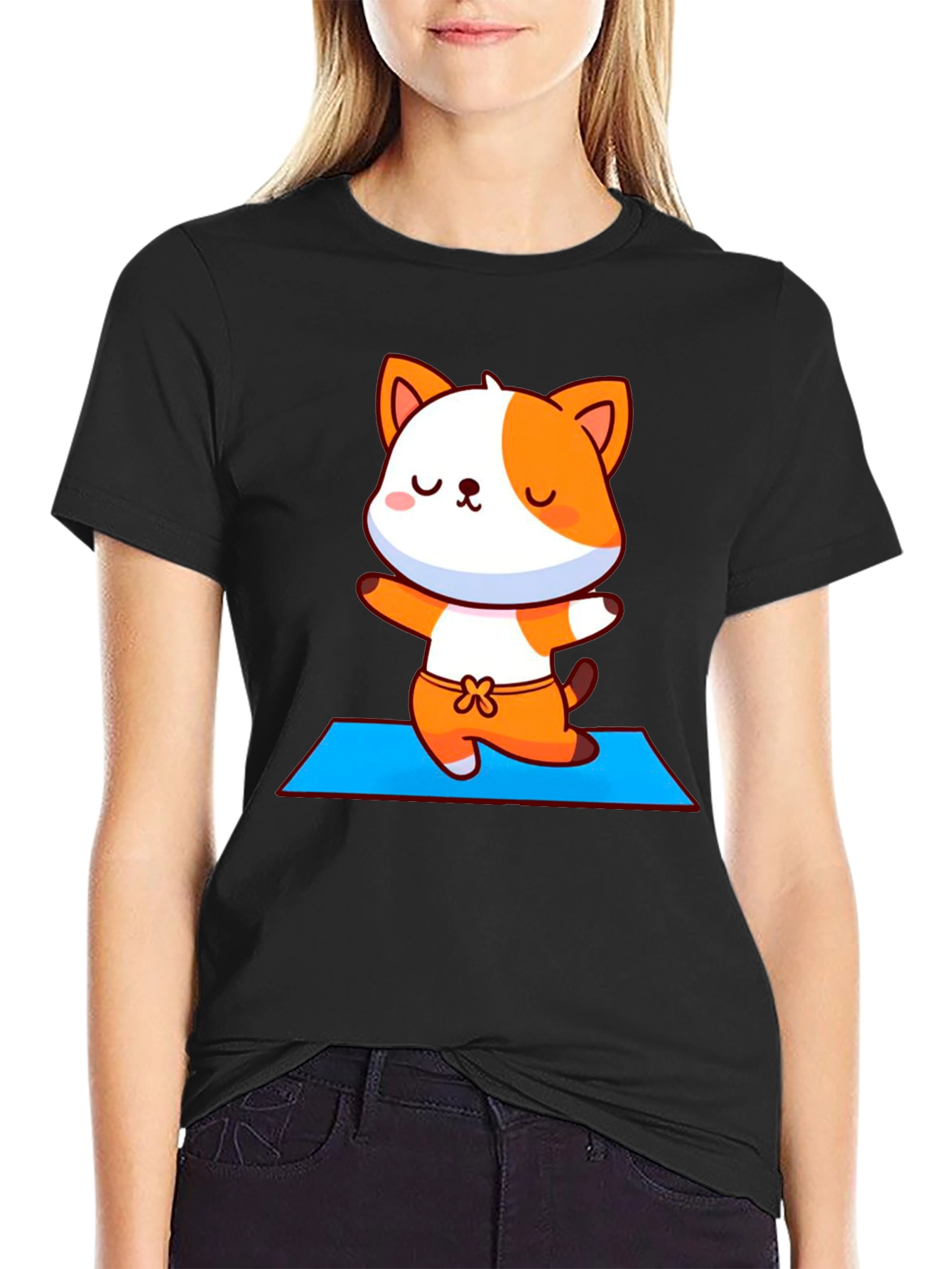 Cute Yoga Cat Unisex Black T-Shirt