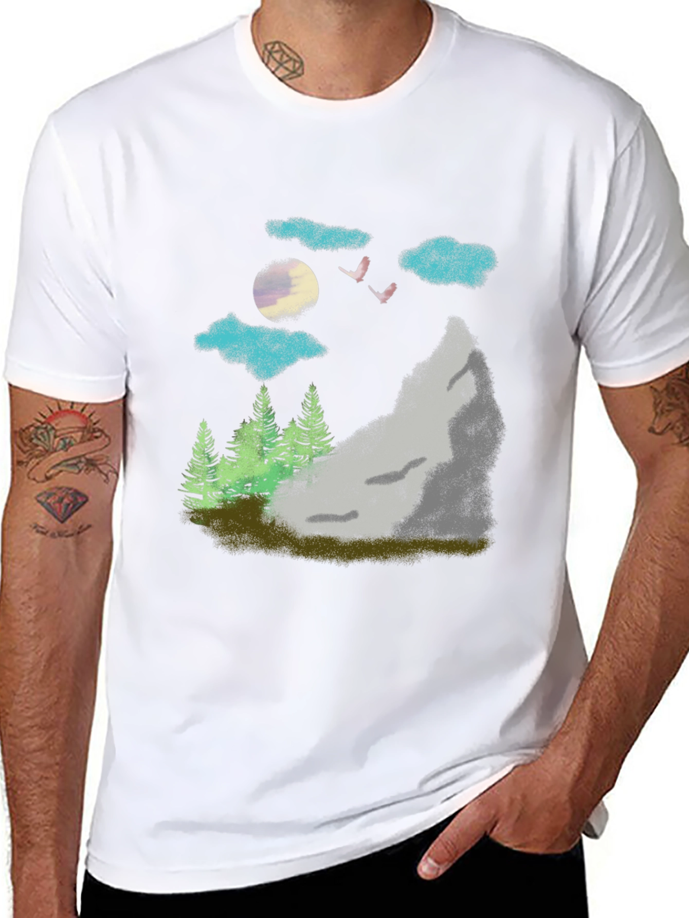 Nature Scene Graphic Tee - Black Casual T-Shirt