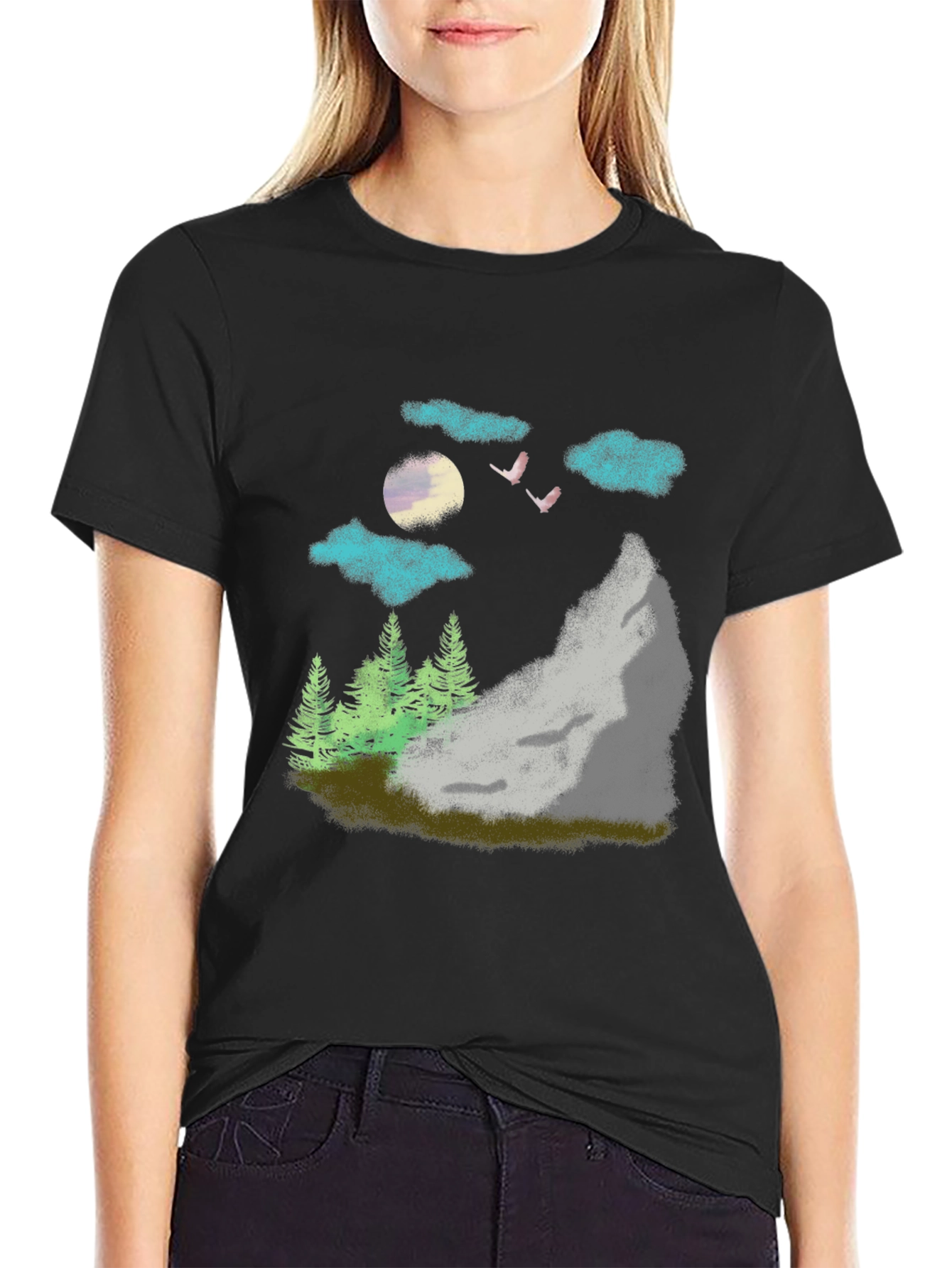 Nature Scene Graphic Tee - Black Casual T-Shirt