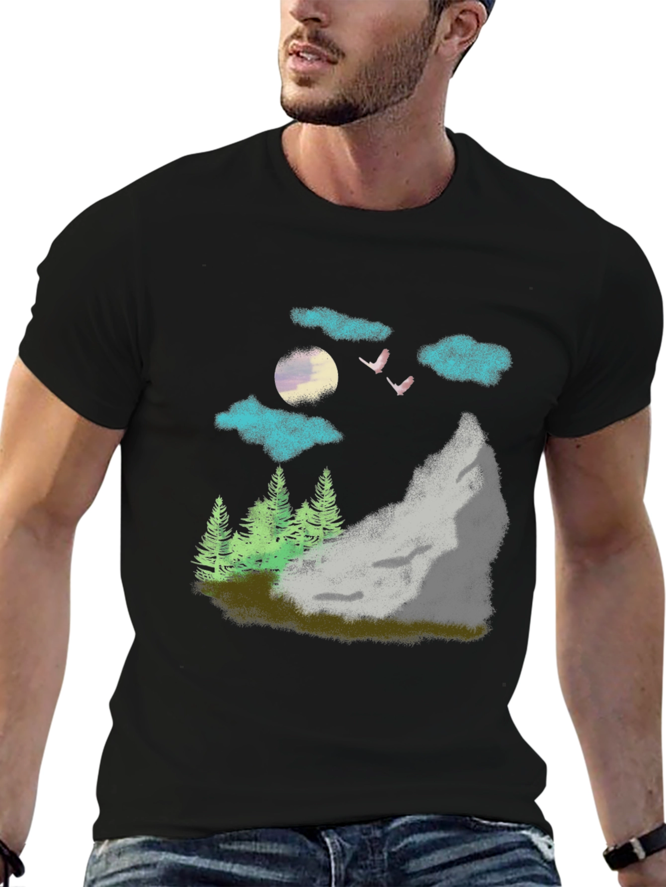 Nature Scene Graphic Tee - Black Casual T-Shirt