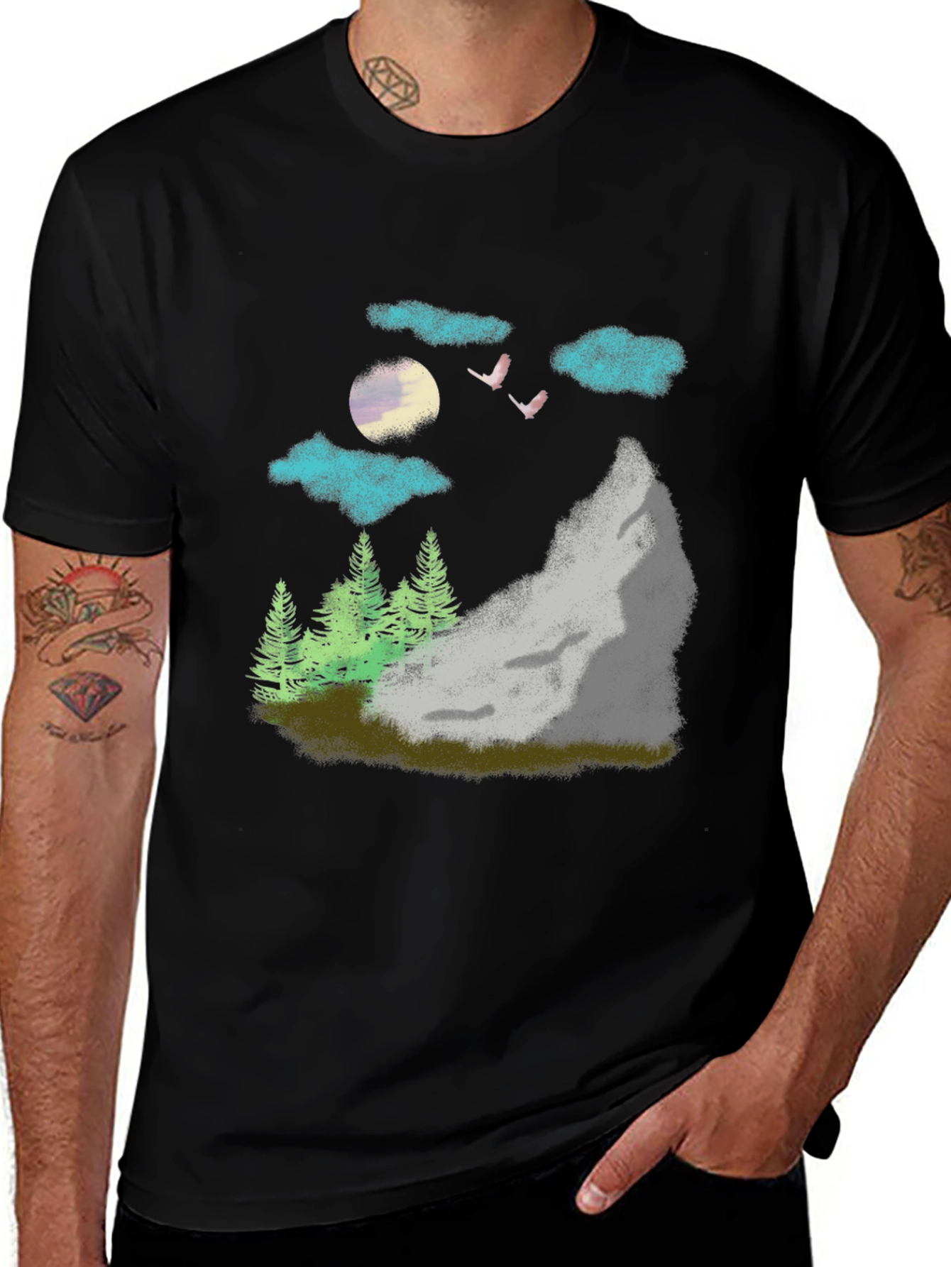 Nature Scene Graphic Tee - Black Casual T-Shirt
