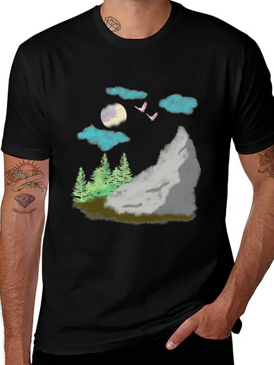 Nature Scene Graphic Tee - Black Casual T-Shirt