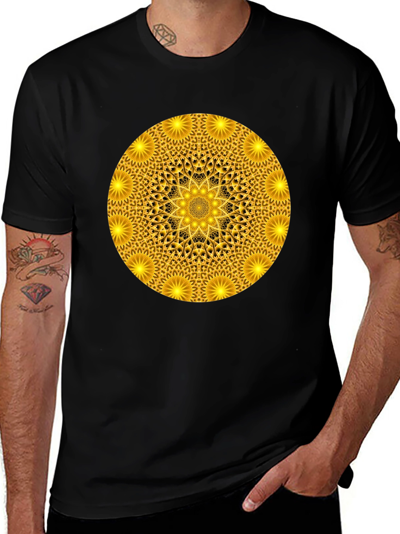 Golden Mandala Graphic T-Shirt - Black Crew Neck Tee