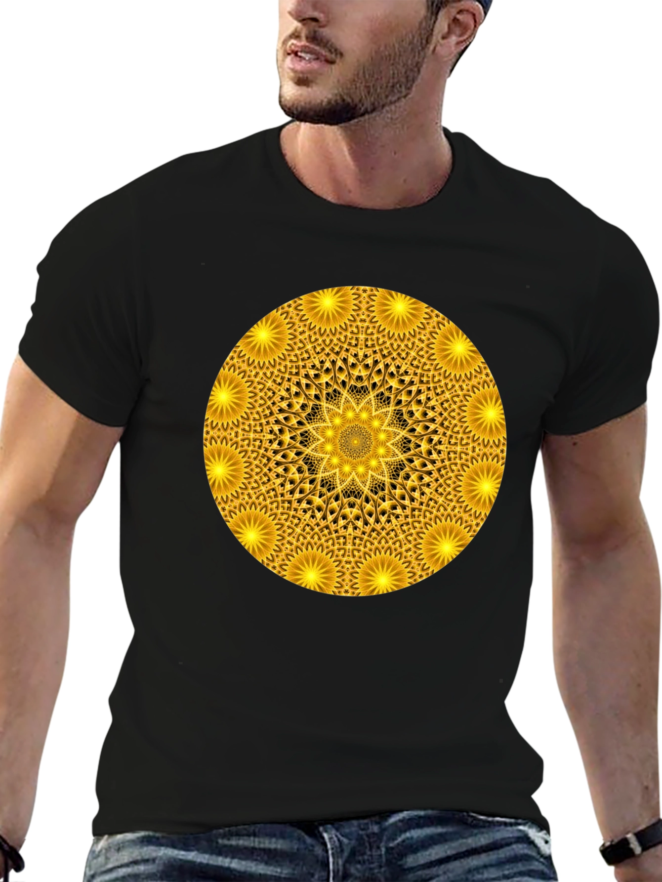 Golden Mandala Graphic T-Shirt - Black Crew Neck Tee