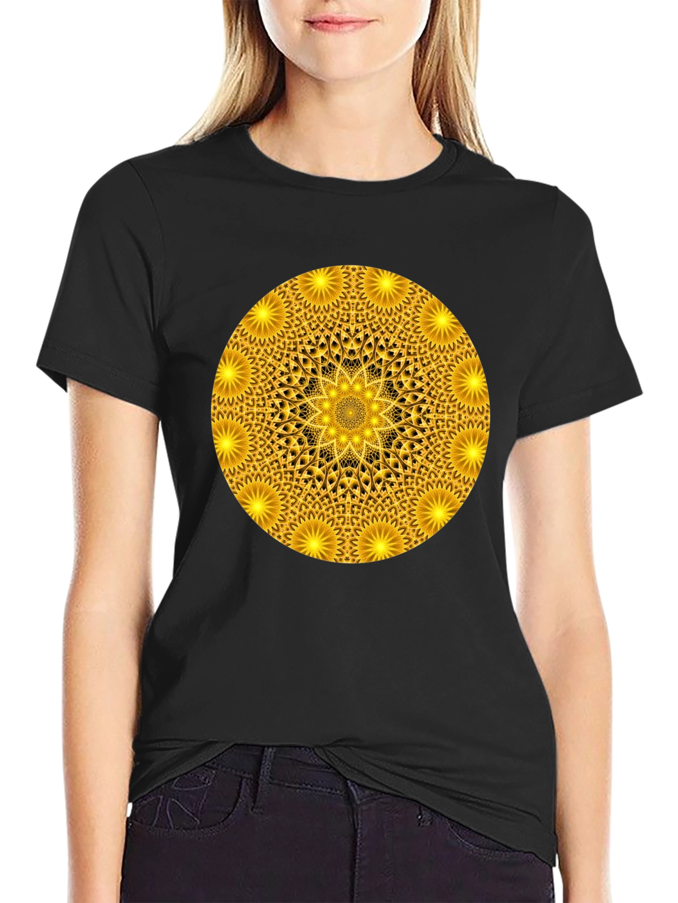 Golden Mandala Graphic T-Shirt - Black Crew Neck Tee