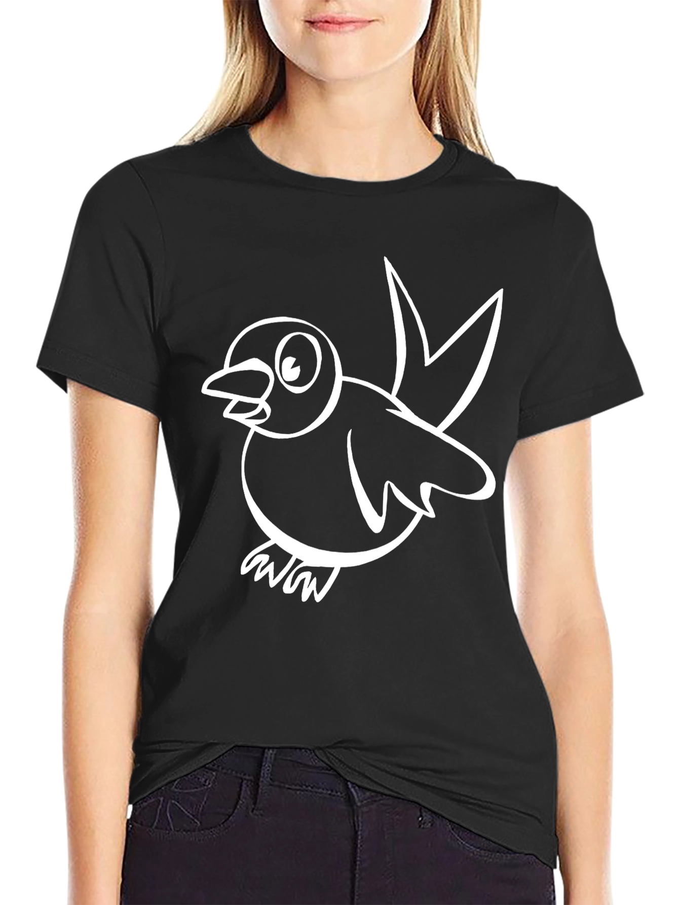 Black T-Shirt with White Bird Graphic