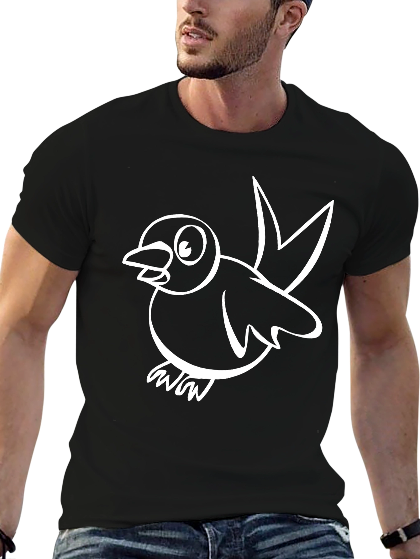 Black T-Shirt with White Bird Graphic