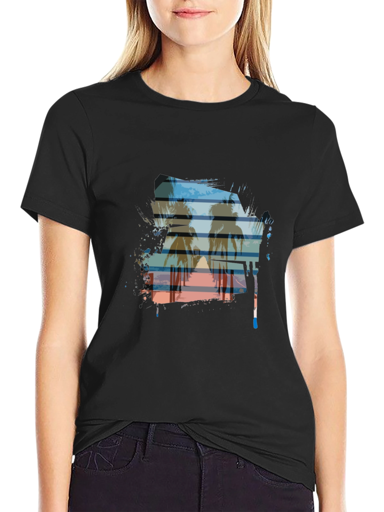 Sunset Palm Tree Graphic Tee - Casual Black T-Shirt