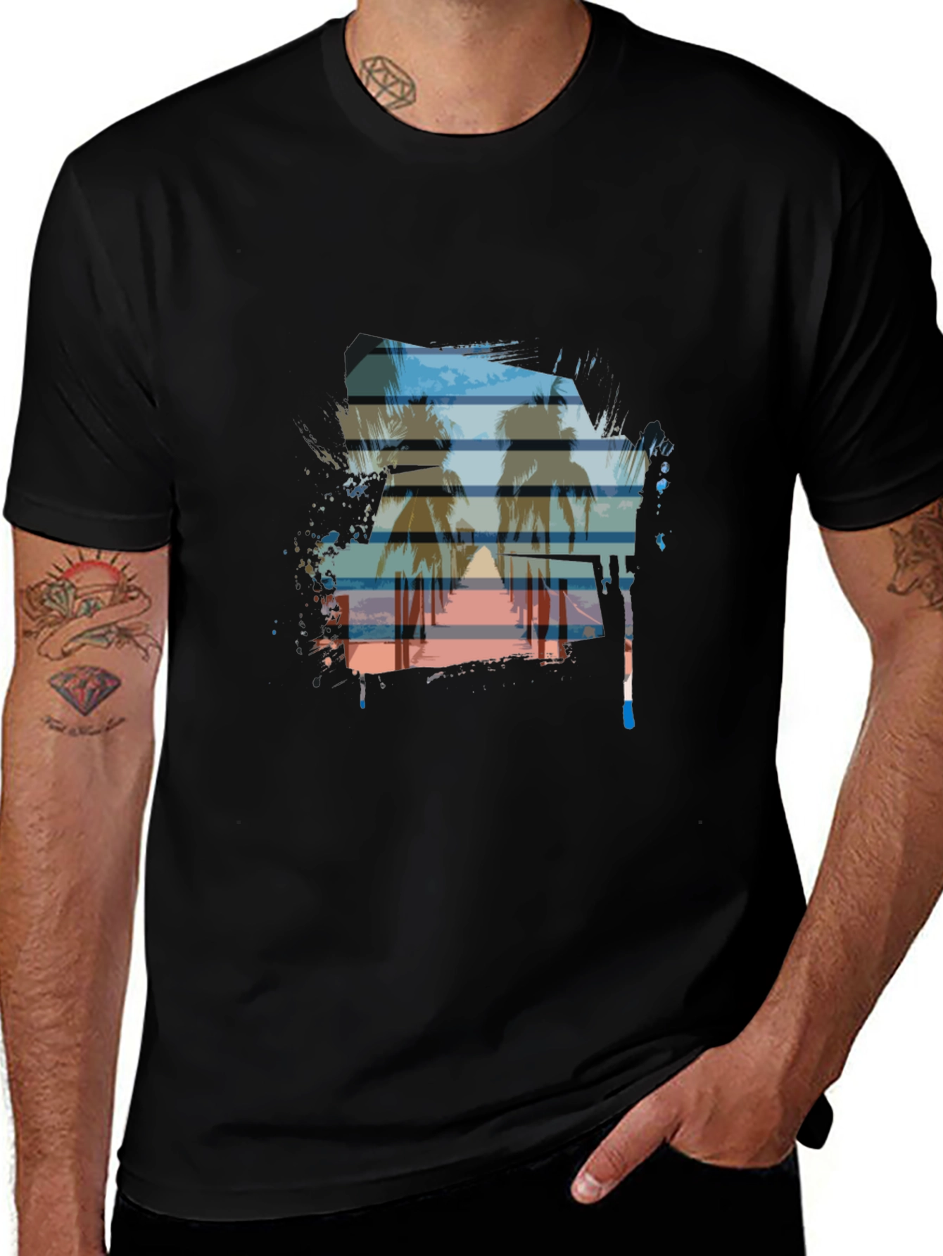 Sunset Palm Tree Graphic Tee - Casual Black T-Shirt