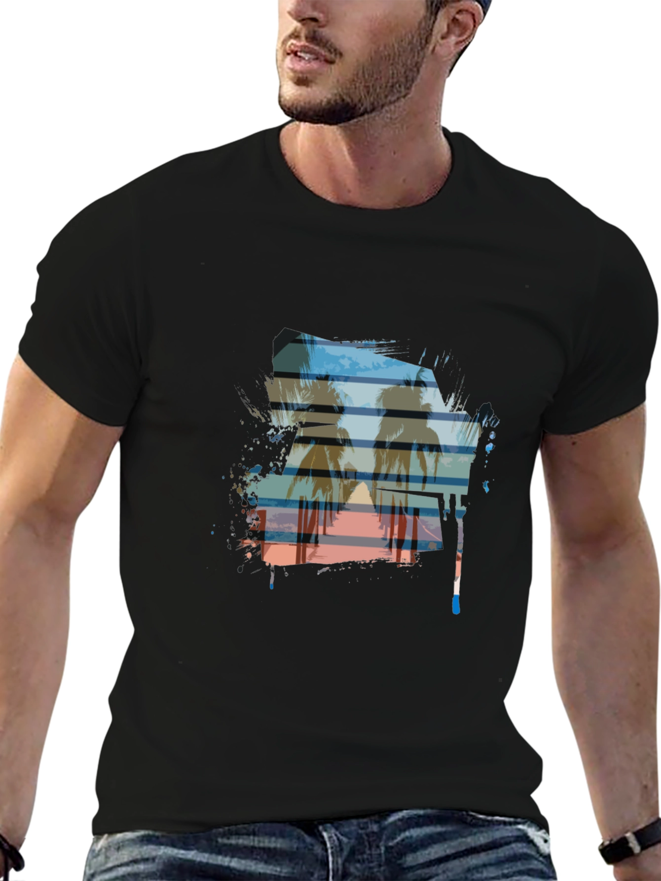 Sunset Palm Tree Graphic Tee - Casual Black T-Shirt