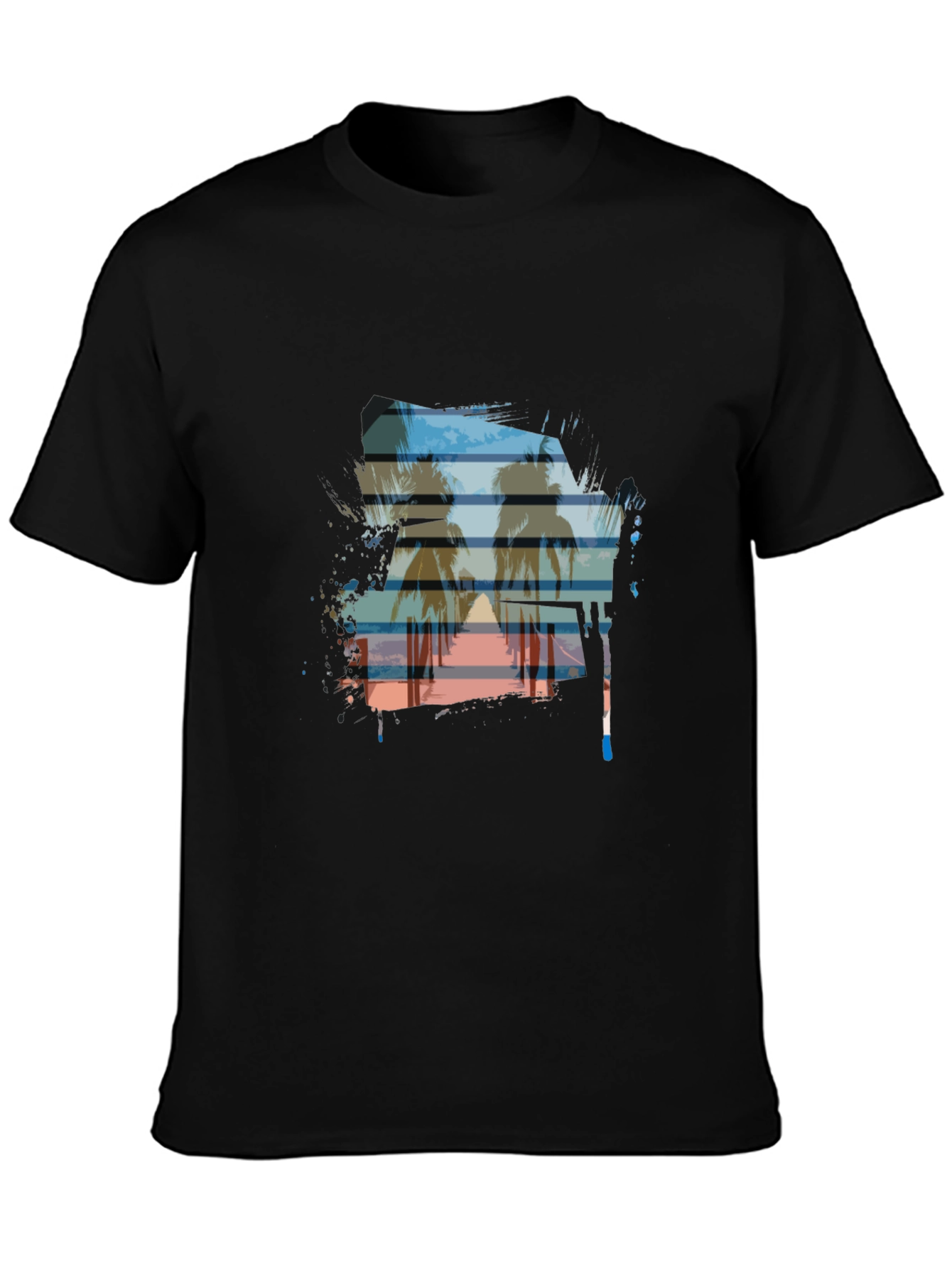 Sunset Palm Tree Graphic Tee - Casual Black T-Shirt