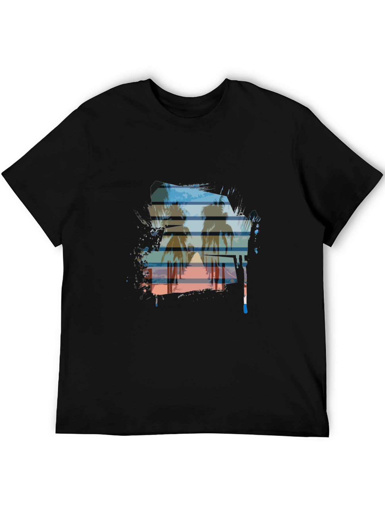Sunset Palm Tree Graphic Tee - Casual Black T-Shirt