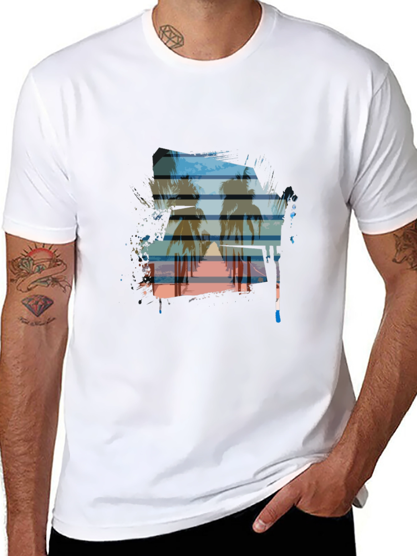 Sunset Palm Tree Graphic Tee - Casual Black T-Shirt
